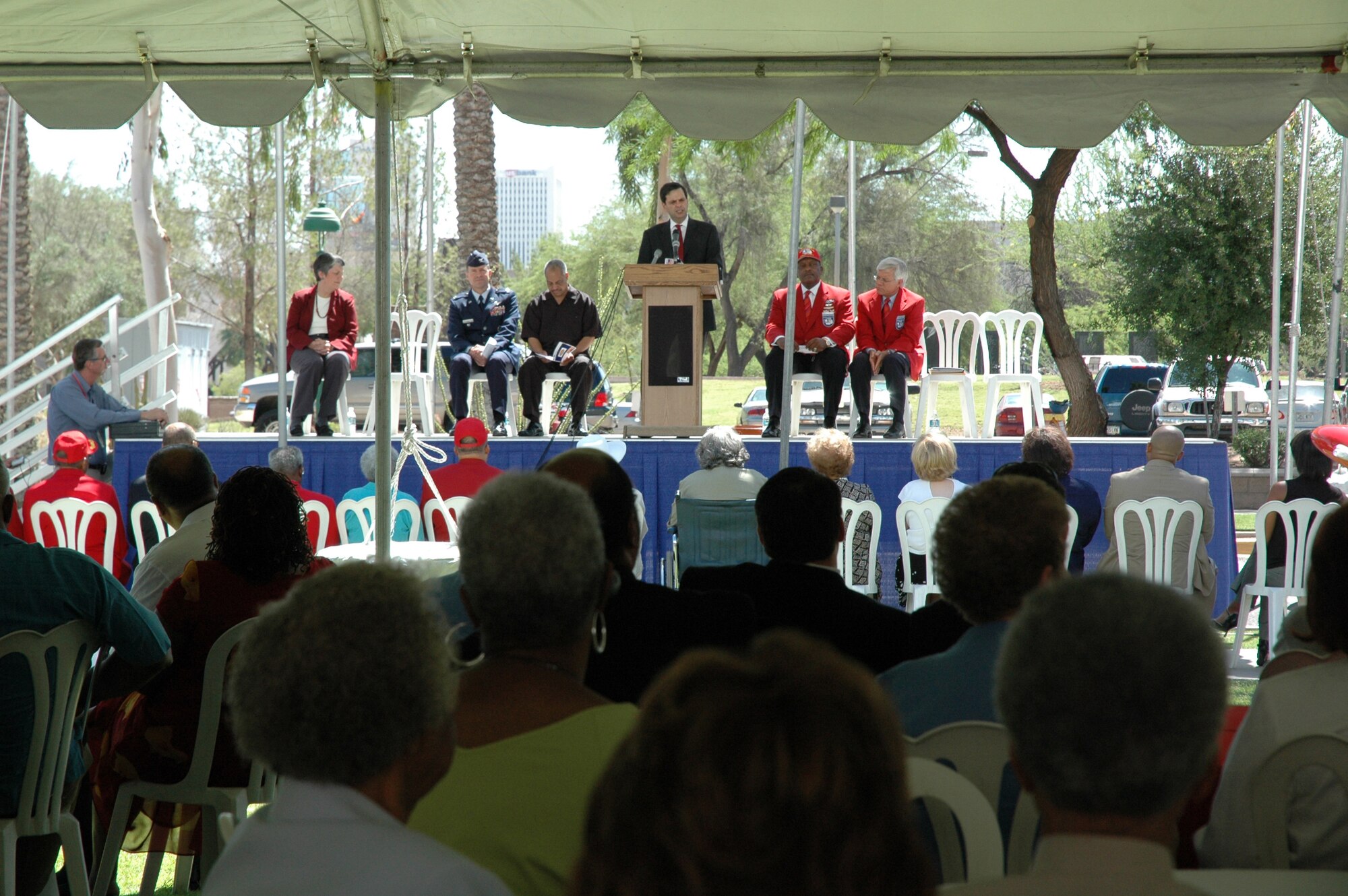 Phoenix Mayor Phil Gordon congratulates Arizona's Tuskegee Airmen during the Congressional Gold Medal Award Ceremony at the capitol lawn May 24, 2007. Arizona Governor Janet Napolitano presented the Airmen with a likeness of the medal presented in Washington DC in March. (U.S. Air Force photo/Tech. Sgt. Susan Stout)