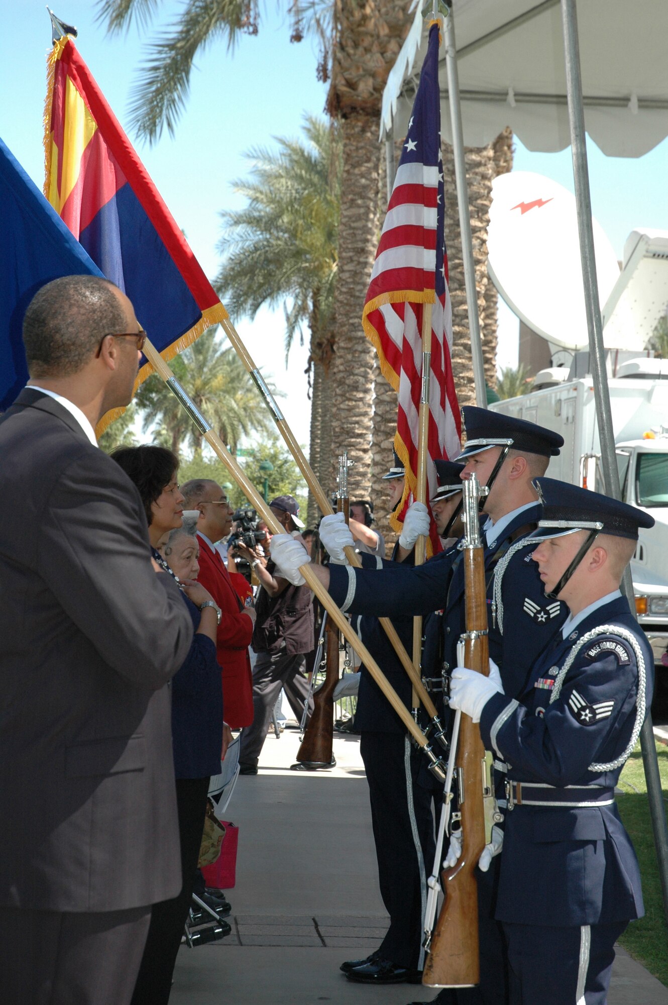 The Luke Air Force Base Honor Guard presents the colors at the Congressional Gold Medal Award Ceremony May 24, 2007, honoring Arizona's Tuskegee Airmen at the capitol lawn. Governor Janet Napolitano read a proclamation in honor of the historic event. (U.S. Air Force photo/Tech. Sgt. Susan Stout)