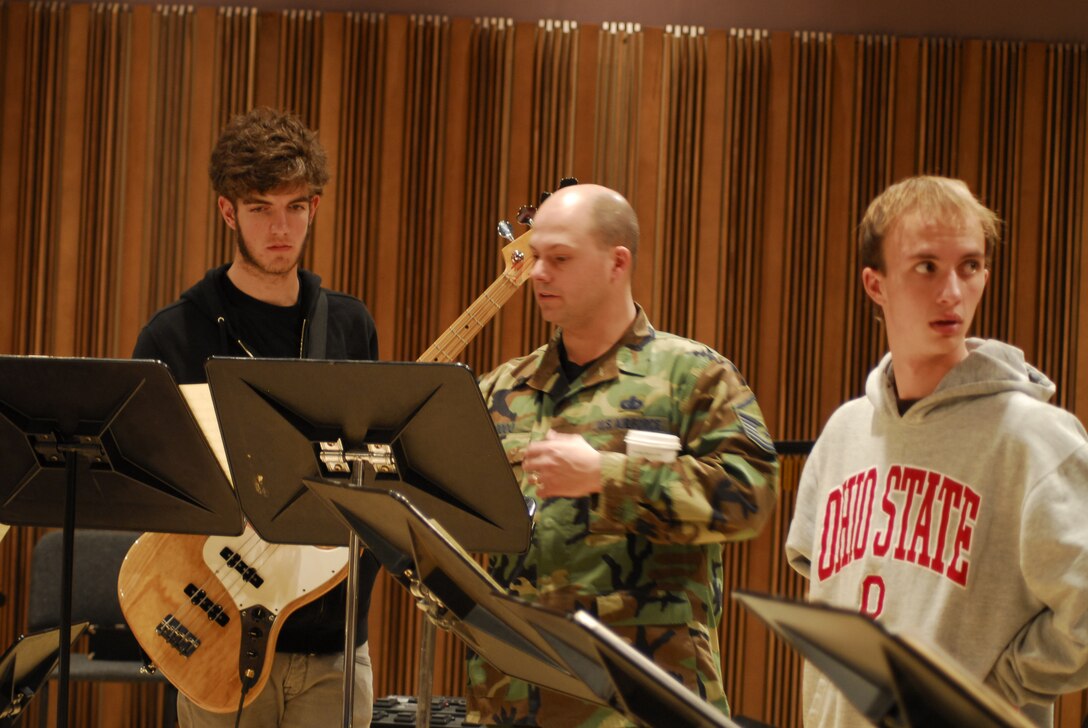 MSgt Jerome Oddo coaches a bass student during a rehearsal for  the 2007 Colorado All-State Jazz Band.