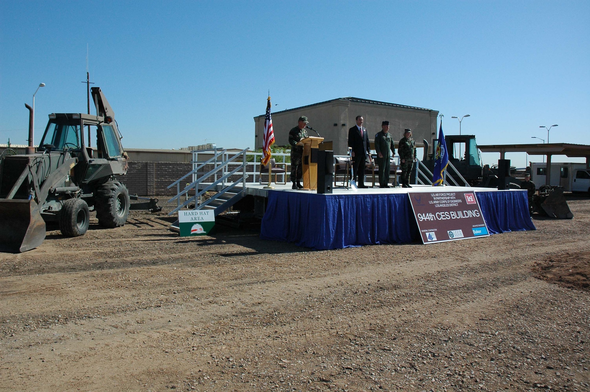 Congressman Trent Franks, 2nd District Arizona, joined the 944th Fighter Wing as they broke ground on the new 944th Civil Engineer Squadron building May 30 at Luke Air Force Base, Ariz. Congressman Franks was instrumental in getting the new building constructed at Luke. His congressional insert helped the $6 million project get underway. The building is scheduled to be complete in April 2008. (U.S. Air Force photo/Tech. Sgt. Susan Stout)