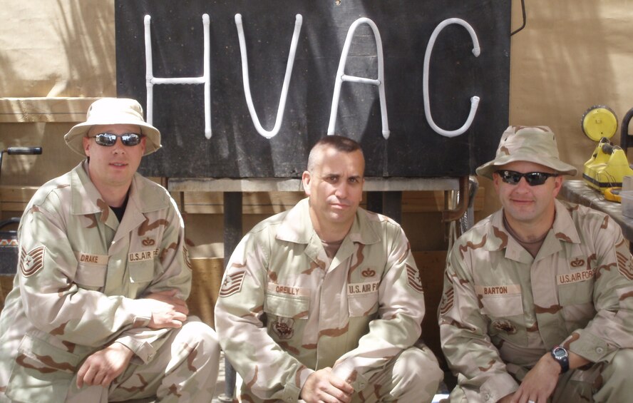 From left, Tech. Sgts. Doug Drake and Bryon O'Reilly, and Master Sgt. Jeff Barton of Fairchild’s 141st Air Refueling Wing are deployed to the 447th Civil Engineer Squadron, Sather Air Base, Iraq. About 25 Washington Air National Guard civil engineers from the 141st are deployed to Sather. Their mission is to construct, maintain and repair the airfield and base operating support facilities for the base. (Courtesy photo)
