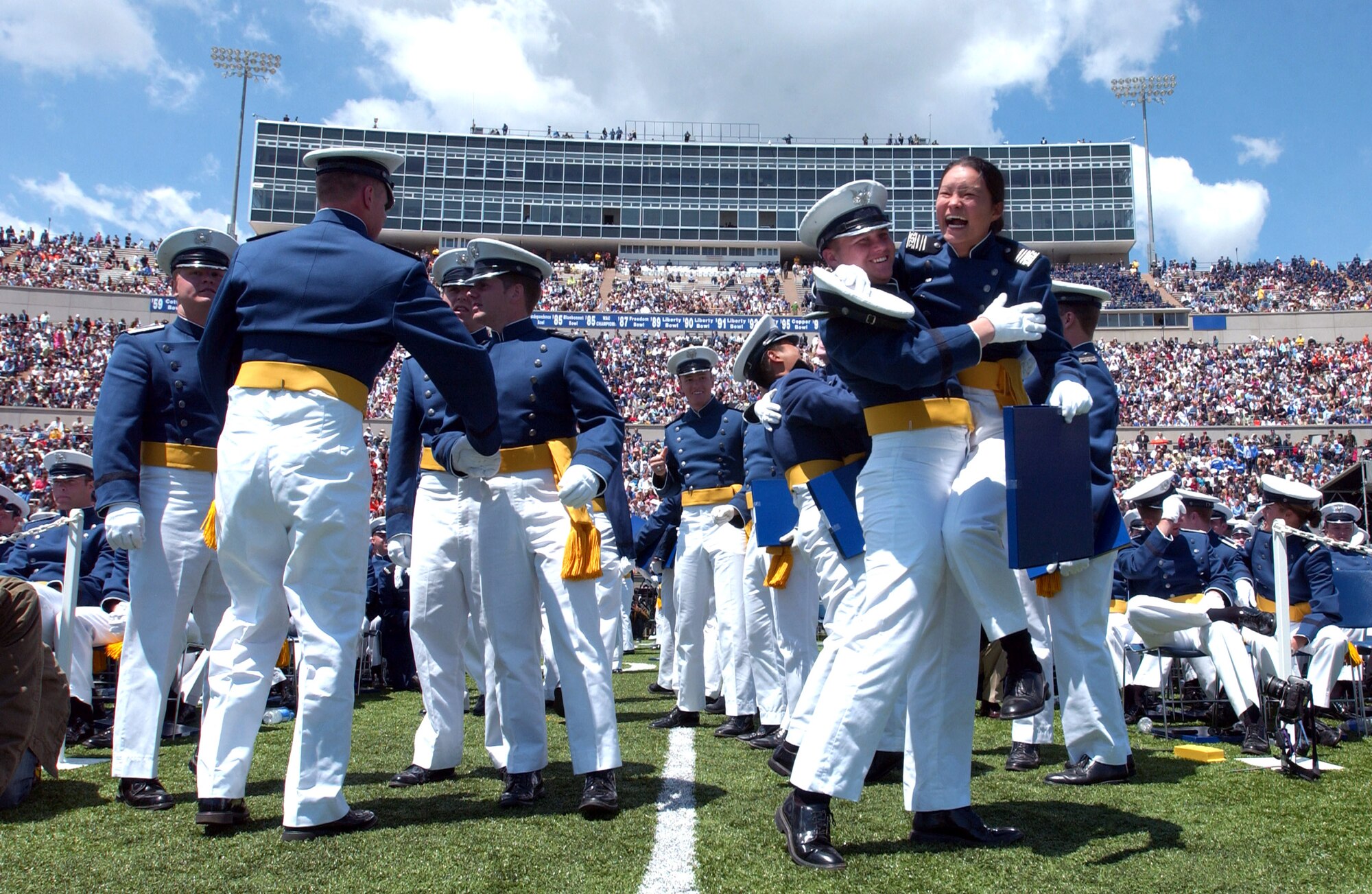 Academy cadets celebrate during the 2007 U.S. Air Force Academy graduation ceremony May 30 in Colorado Springs, Colo. (U.S. Air Force photo/Mike Kaplan)