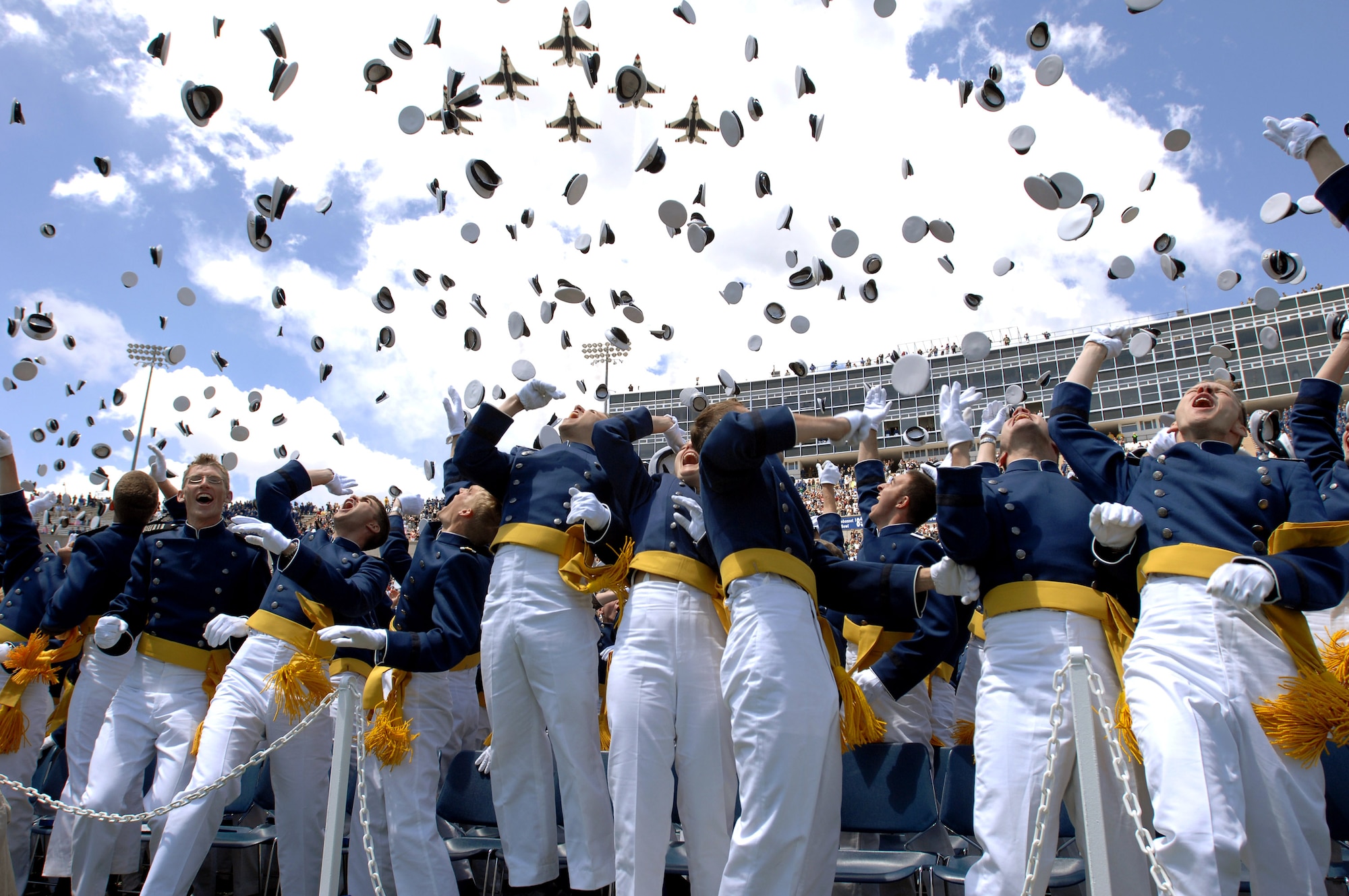 The U.S. Air Force Thunderbirds fly over the 2007 U.S. Air Force Academy graduation ceremony May 30 in Colorado Springs, Colo. (U.S. Air Force photo/Danny Meyer)