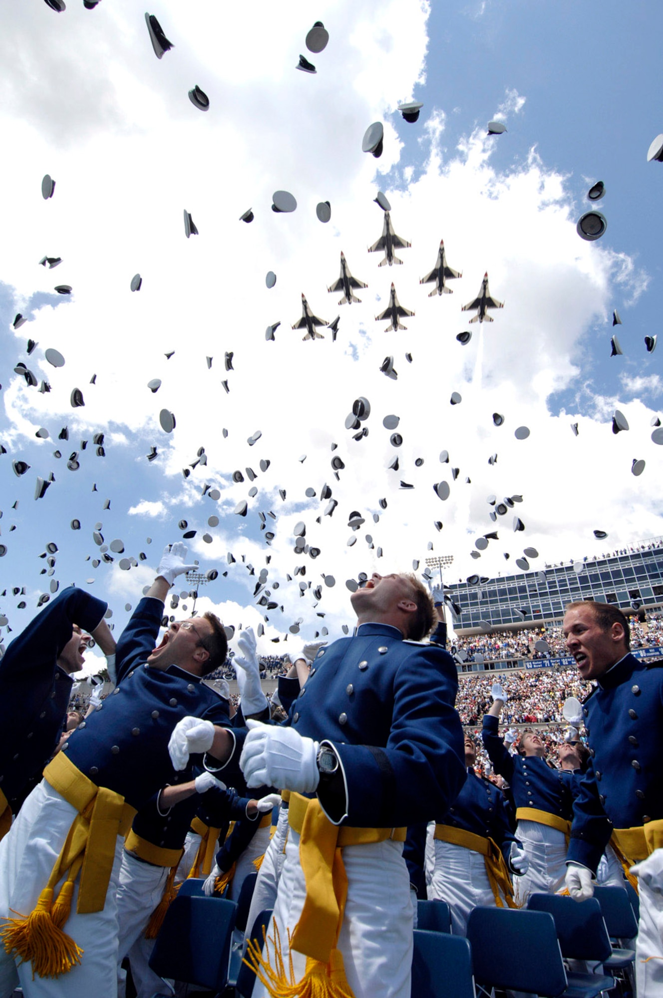 The U.S. Air Force Thunderbirds fly over the 2007 U.S. Air Force Academy graduation ceremony May 30 in Colorado Springs, Colo. (U.S. Air Force photo/Dennis Rogers)