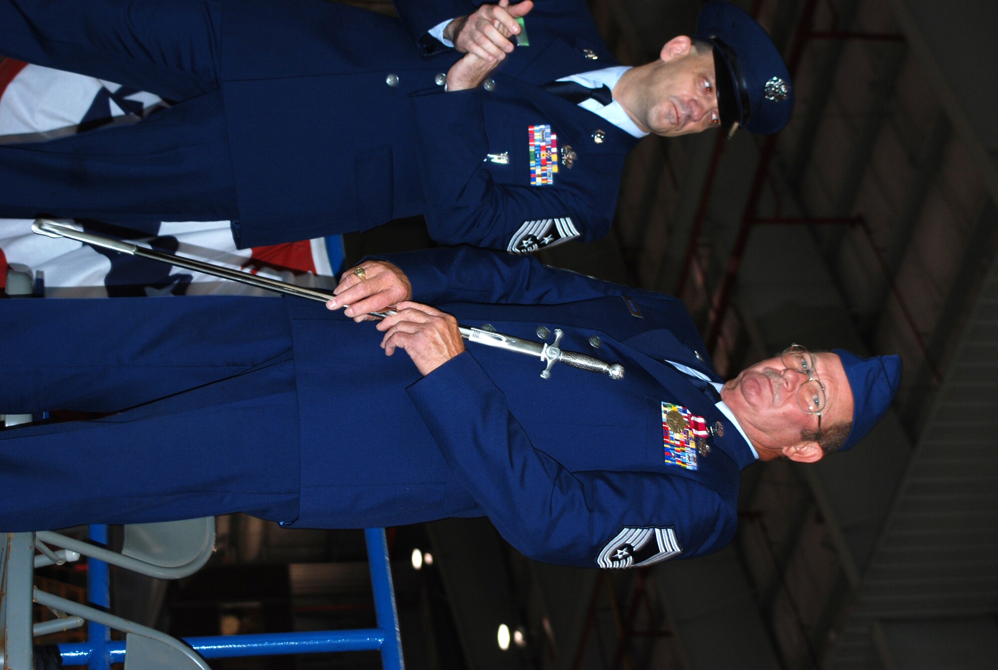 The Noble Chief Award is presented to chiefs nominated by the 301st Fighter Wing Command Chief Master Sgt. for their exemplary performance as a Chief Master Sergeant. Chief Dale Nickelson was the second to receive this award at his recent retirement ceremony at the Naval Air Station Joint Reserve Base Fort Worth, Texas, from Command Chief Jack Mills. (U.S. Air Force Photo/Tech. Sgt. Julie Briden-Garcia)