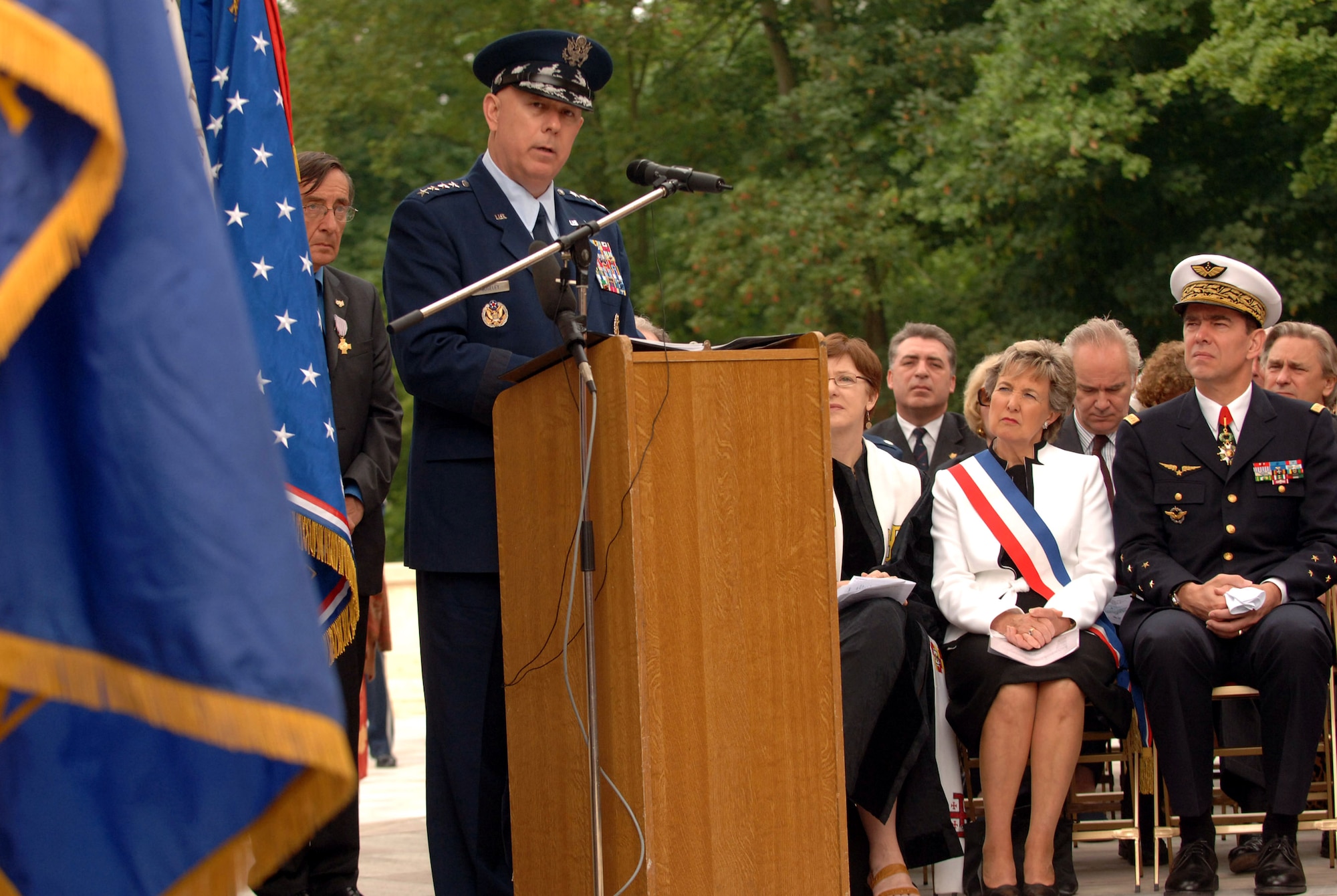 Air Force Chief of Staff Gen, T. Michael Moseley speaks during a ceremony at the Lafayette Memorial outside Paris.  French and Americans gathered to pay homage to the United States' first combat aviators who comprised the Lafayette Escadrille.  The all-American squadron of volunteers flew under the French flag during World War I where many gave their lives in defense of French democracy.  Also speaking during the ceremony were Christiane Barody-Weiss, mayor of nearby Marnes-la-Coquette, and General Moseley's French air force counterpart, Gen. Stephane Abrial.  (U.S. Air Force photo/Master Sgt. Scott Wagers)