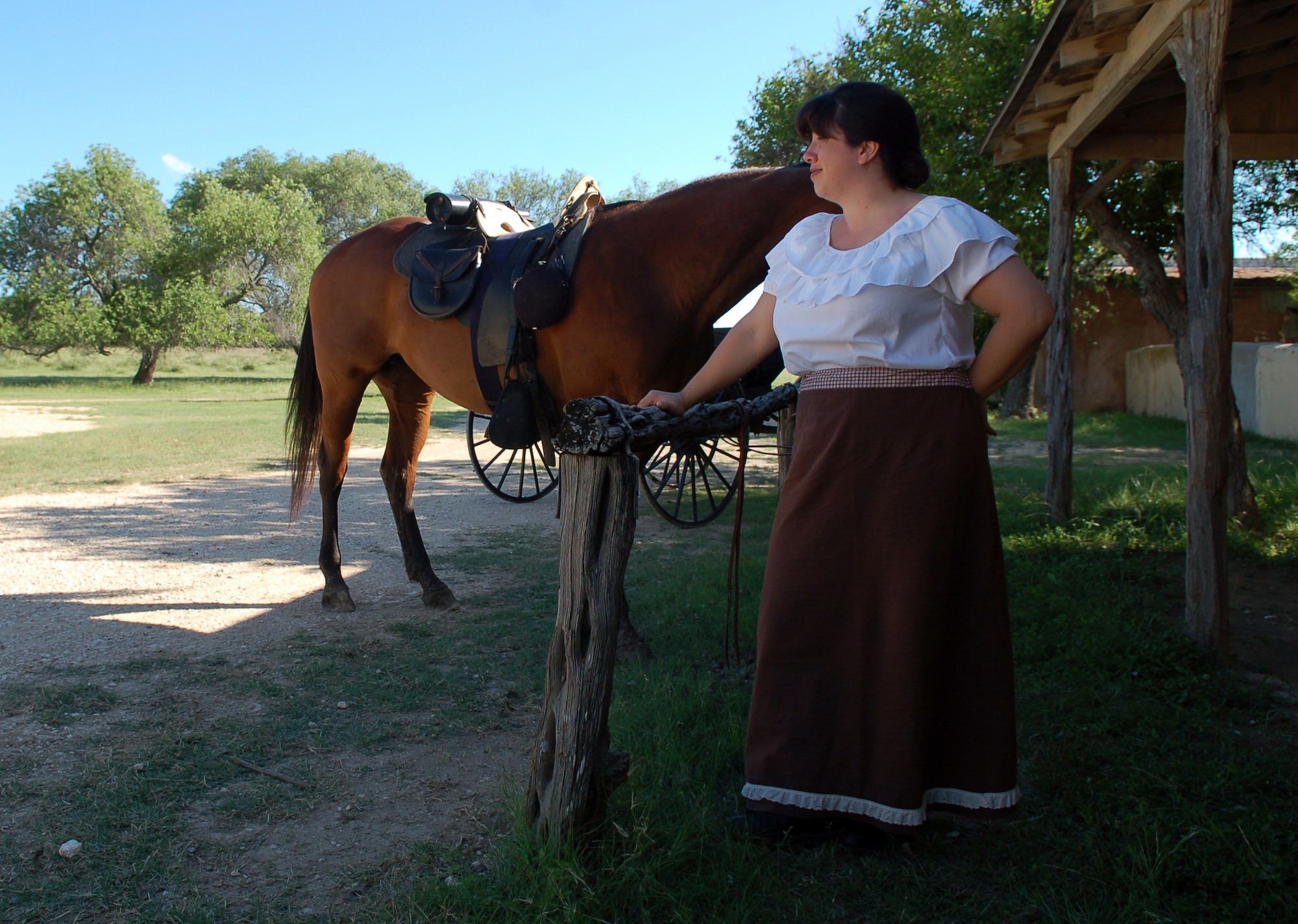 ALAMO VILLAGE, Texas -- Brenda Mireles, 47th Operations Support Squadron, played “extra” roles in “The Man Who Came Back.” (U.S. Air Force photo by Staff Sgt. Austin M. May)