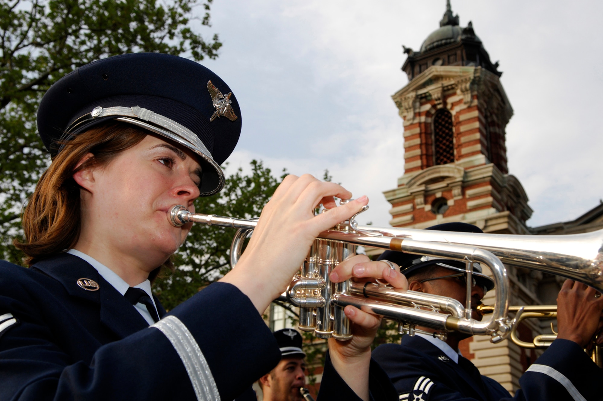Airman 1st Class Laura Kluga,  Air Force Band of Liberty, performs as Distinguished Visitors arrive to Ellis Island in New York on May 12 to honor recipients of the Medals of Honor.  The Ellis Island Medals of Honor are given annually by the National Ethnic Coalition of Organizations to recognize distinguished Americans of various ethnic origins for their outstanding contributions to the United States.?Among the honorees was Lt. Col. Larry Lang, Air Force Band of Liberty commander. 

The Band of Liberty Pops ensemble will perform July 1, at  6 and 7:30 p.m., in  Stowe, Vt. at the Von Trapp Meadow.  Afterburner, an alternative rock band, will perform June 1 at  3 p.m., June 2 at 3 and 6 p.m. and June 3 at noon in Essex Junction, Vt. at the Vermont Balloon and Music Festival.  All events are subject to change and are free and open to the public. 