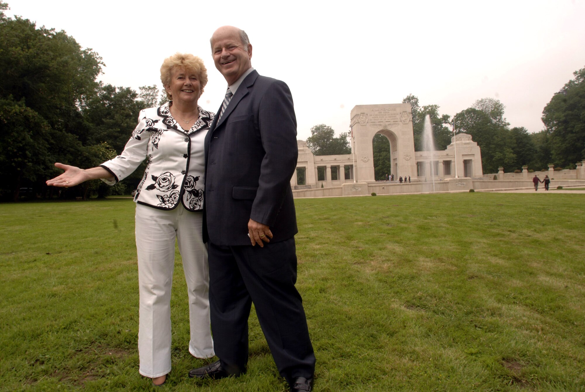 Retired Master Sgt. Edward Prince and his wife, Helene, are at the Lafayette Memorial outside Paris where a ceremony took place to pay homage to the United States' first combat aviators who comprised the Lafayette Escadrille.  The all-American squadron of volunteers flew under the French flag during World War I where many gave their lives.  Sergeant Prince is a third-generation cousin of Lafayette Escadrille aviator Norman Prince who died Oct. 15, 1916 due to injuries sustained in a crash landing.   (U.S. Air Force photo/ Master Sgt. Scott Wagers)