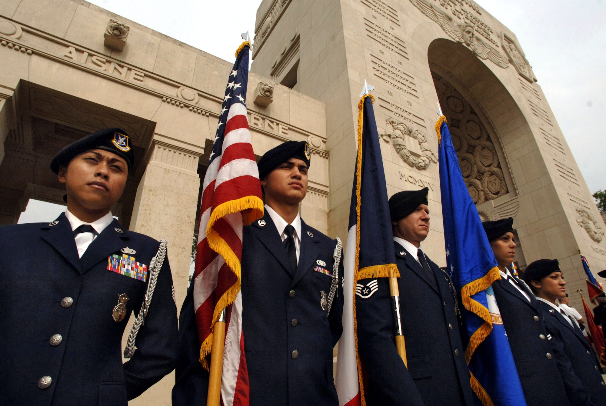 An Air Force honor guard participates in a ceremony at the Lafayette Memorial outside Paris to pay homage to the United States' first combat aviators who comprised the Lafayette Escadrille.  The all-American squadron of volunteers flew under the French flag during World War I where many gave their lives.  The Honor Guard detail is assigned to the 435th Security Forces Squadron, Ramstein Air Base, Germany. (U.S. Air Force photo/Master Sgt. Scott Wagers)