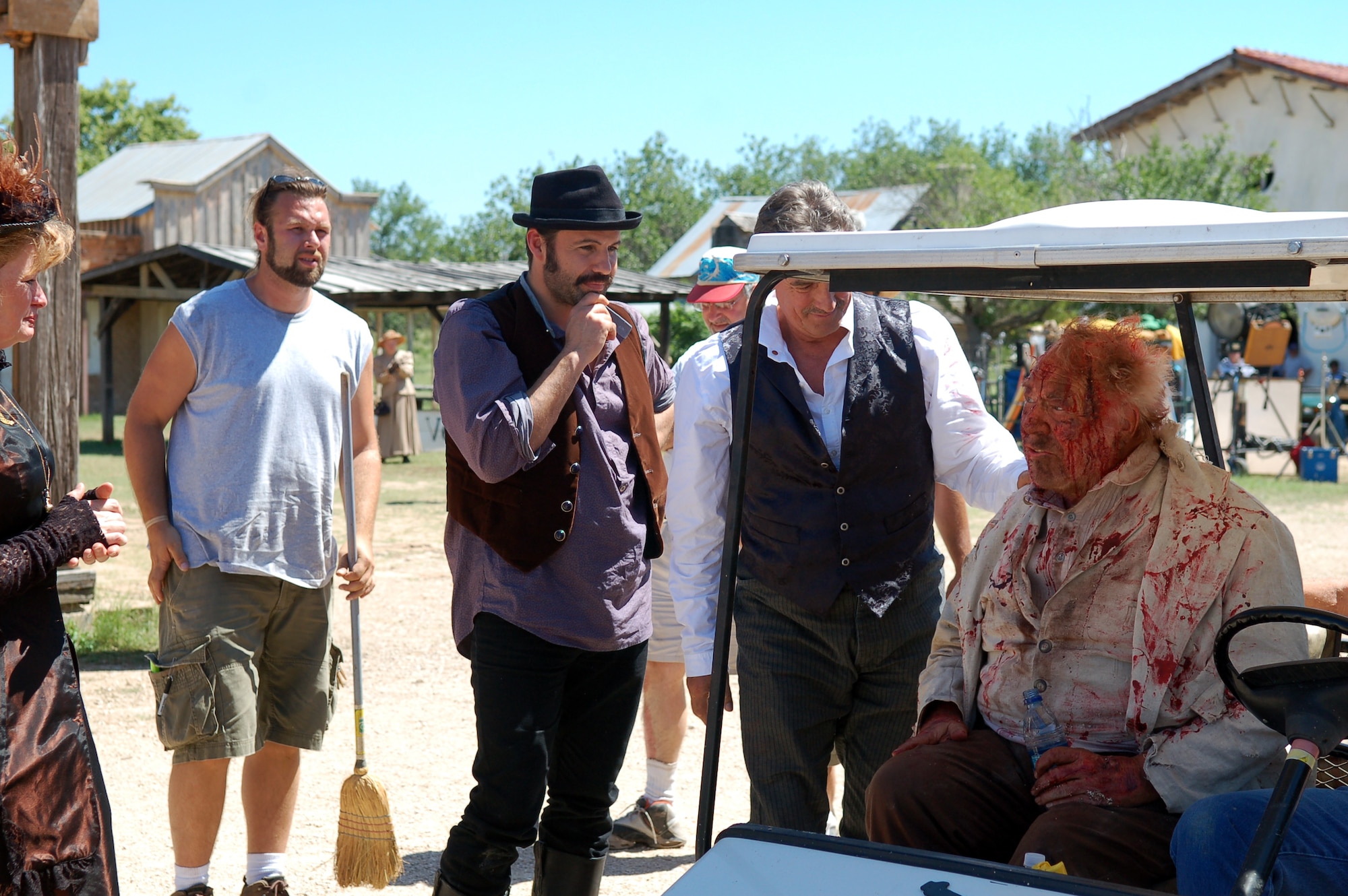 ALAMO VILLAGE, Texas -- Cast and crew, including actors Billy Zane and Eric Braeden, say their goodbyes to actor George Kennedy as he completes filming his on-location scenes at Alamo Village.  (U.S. Air Force photo by Staff Sgt. Austin M. May)