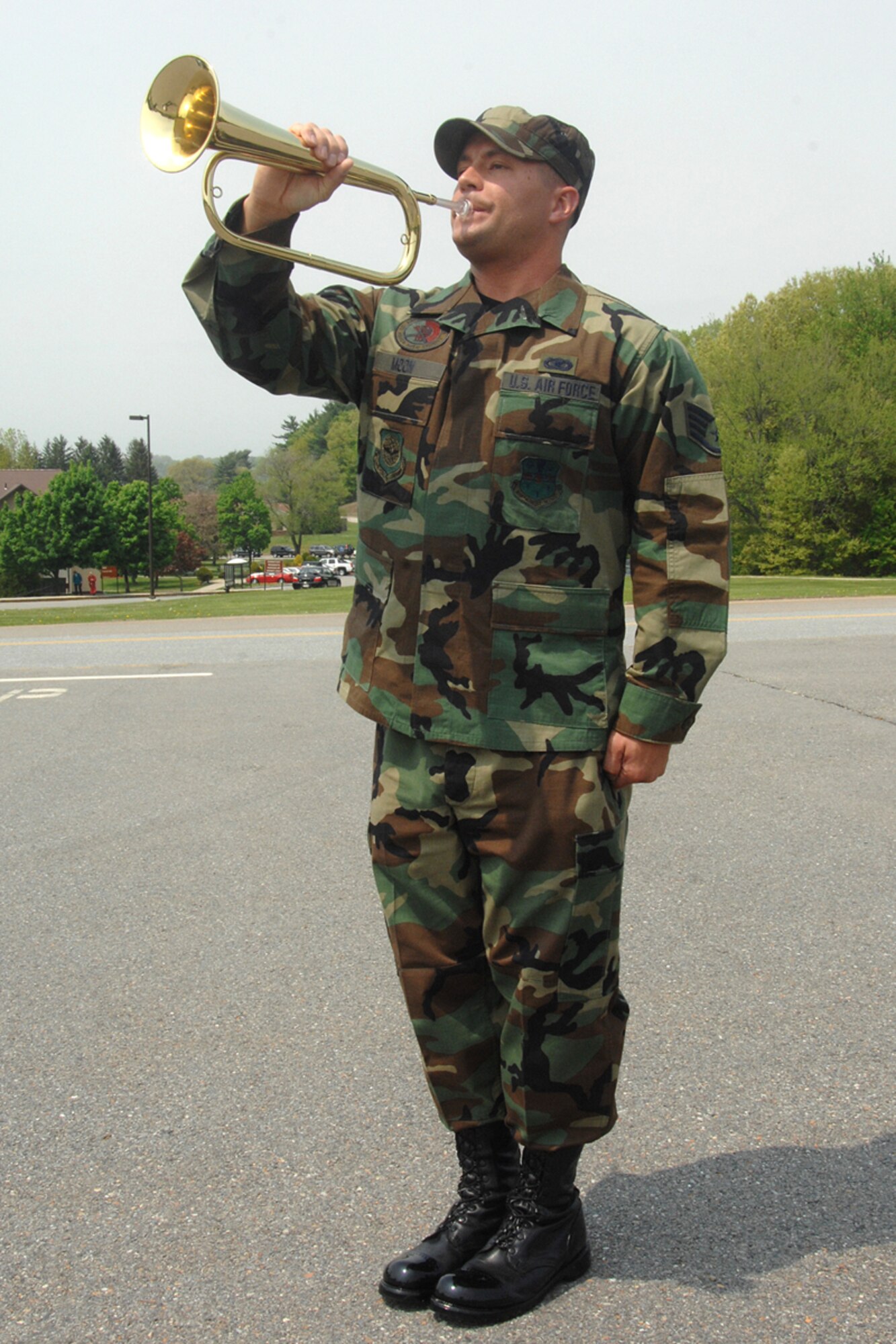 Staff Sgt. Allen Moon, from Scotia Air Force Base, N.Y., practices taps during the Patriot Honor Guard’s recent week-long training session with the United States Air Force Honor Guard.  (US Air Force Photo by Linda LaBonte Britt)