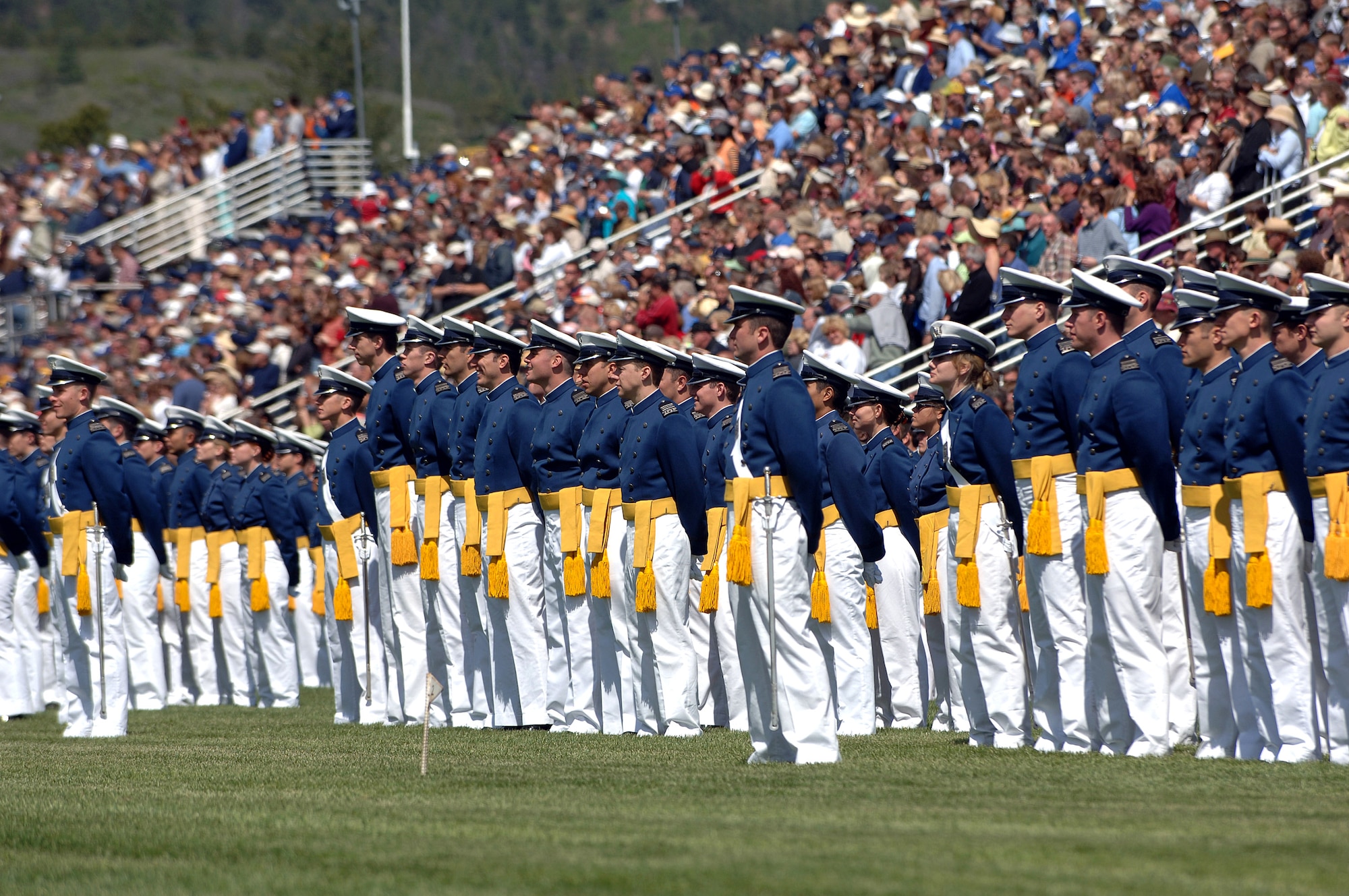 Senior cadets stand at parade rest during the 2007 Graduation Parade May 29 at the U.S. Air Force Academy in Colorado. The graduation for the U.S. Air Force Academy's Class of 2007 will be held at 10 a.m. May 30 at Falcon Stadium. Secretary of Defense Dr. Robert M. Gates will be the guest speaker. Special needs of future Air Force officers are met by professionally oriented courses, including human physiology, computer science, economics, military history, astronautics, law and political science.  (U.S. Air Force photo/David Armer)