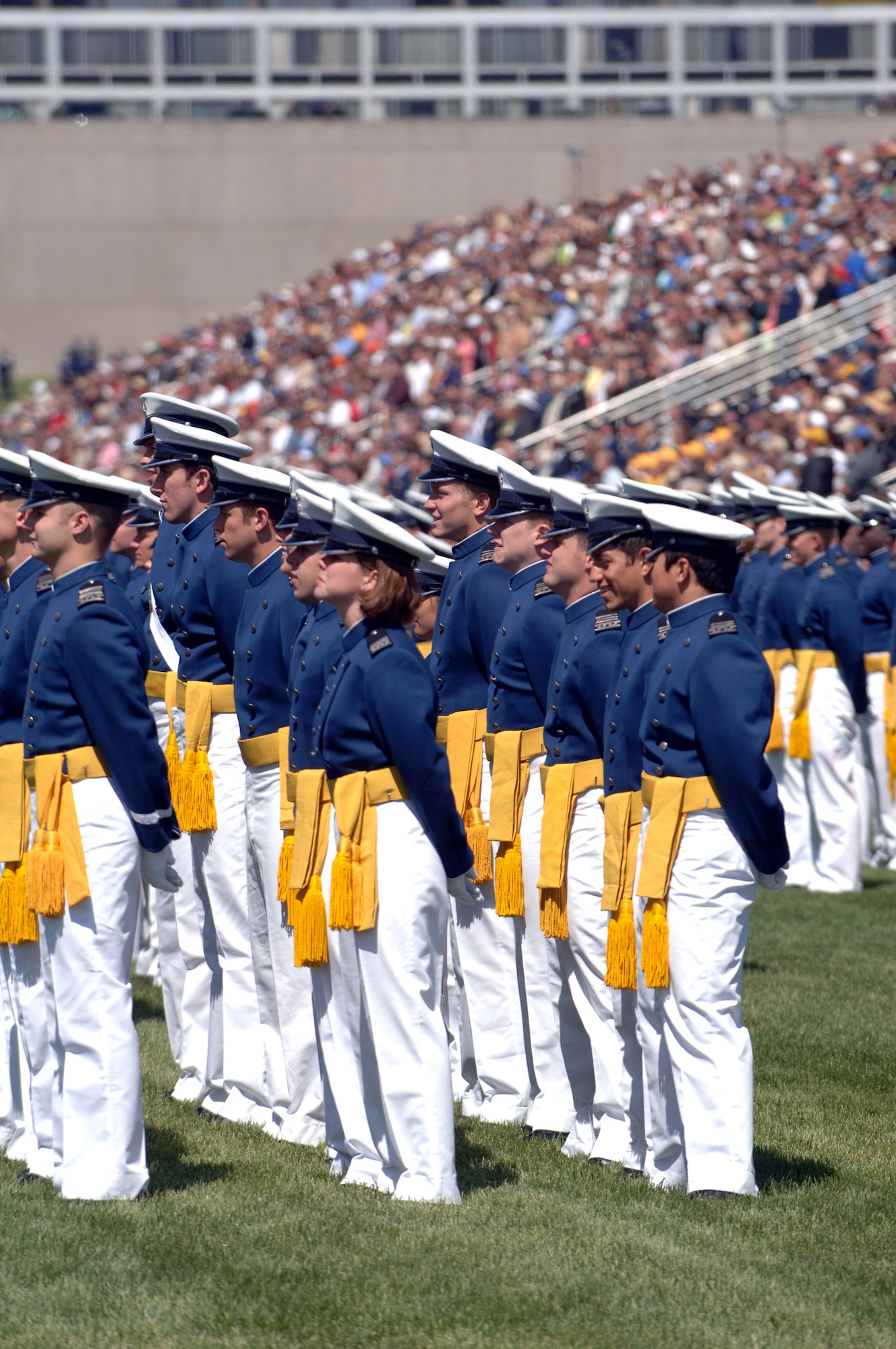 Senior cadets march during the 2007 Graduation Parade May 29 at the U.S. Air Force Academy in Colorado. The graduation for the U.S. Air Force Academy's Class of 2007 will be held at 10 a.m. May 30 at Falcon Stadium. Secretary of Defense Dr. Robert M. Gates will be the guest speaker. Special needs of future Air Force officers are met by professionally oriented courses, including human physiology, computer science, economics, military history, astronautics, law and political science. (U.S. Air Force photo/Mike Kaplan) 
