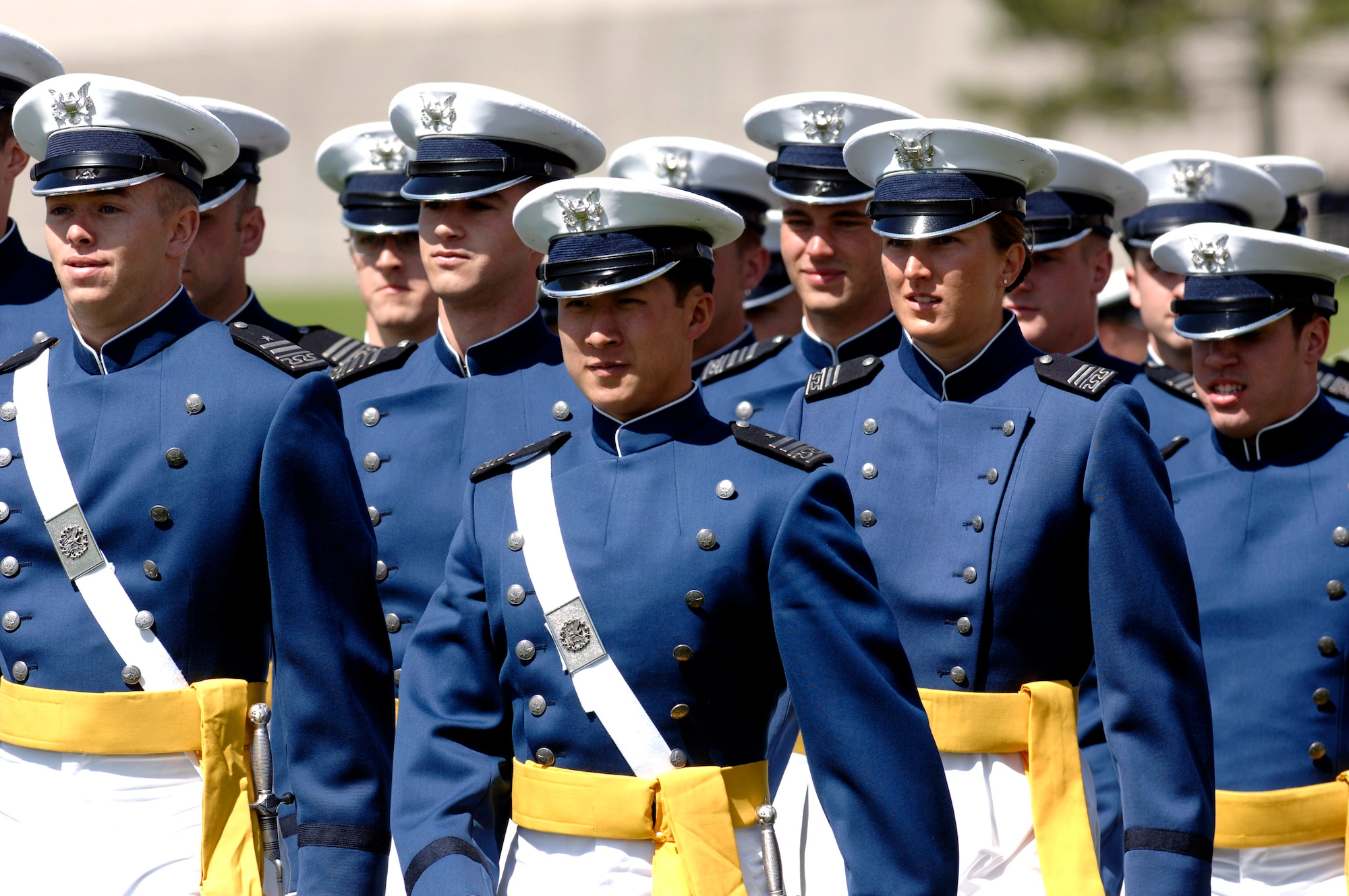 Senior cadets march during the 2007 Graduation Parade May 29 at the U.S. Air Force Academy in Colorado. The graduation for the U.S. Air Force Academy's Class of 2007 will be held at 10 a.m. May 30 at Falcon Stadium. Secretary of Defense Dr. Robert M. Gates will be the guest speaker. The academy offers a four-year program of instruction and experience designed to provide cadets the knowledge and character essential for leadership, and the motivation to serve as Air Force career officers. (U.S. Air Force photo/Mike Kaplan) 
