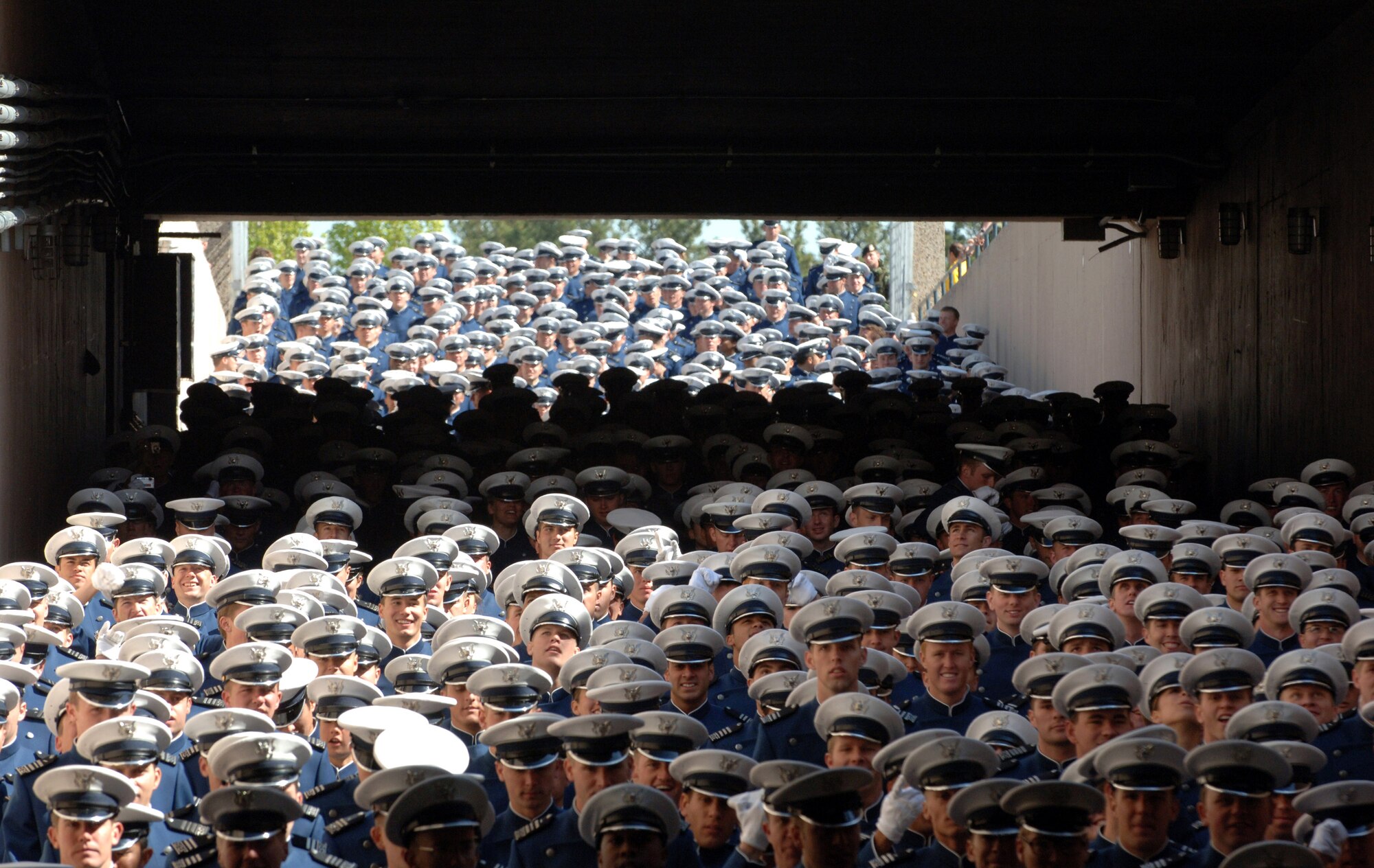 The 977 members of the U.S. Air Force Academy Class of 2007 line up in the tunnel at Falcon Stadium prior to the commencement May 30 in Colorado. The ceremony marks the culmination of four years at the academy and their transition from cadet to the Air Force's newest second lieutenants. (U.S. Air Force photo/Joel Strayer)
