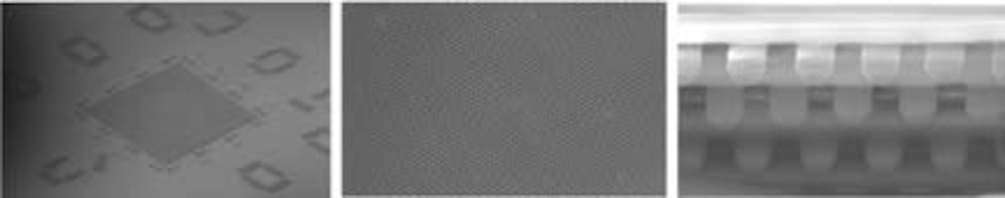 Photonic crystal fabrication results from EM Photonics, Inc.  Pictured is the full device, 700 by 700 µm (left); a photonic crystal in a “woodpile” configuration, built via multilayer lithography (center); and a side view of the same structure shown at close range (right).