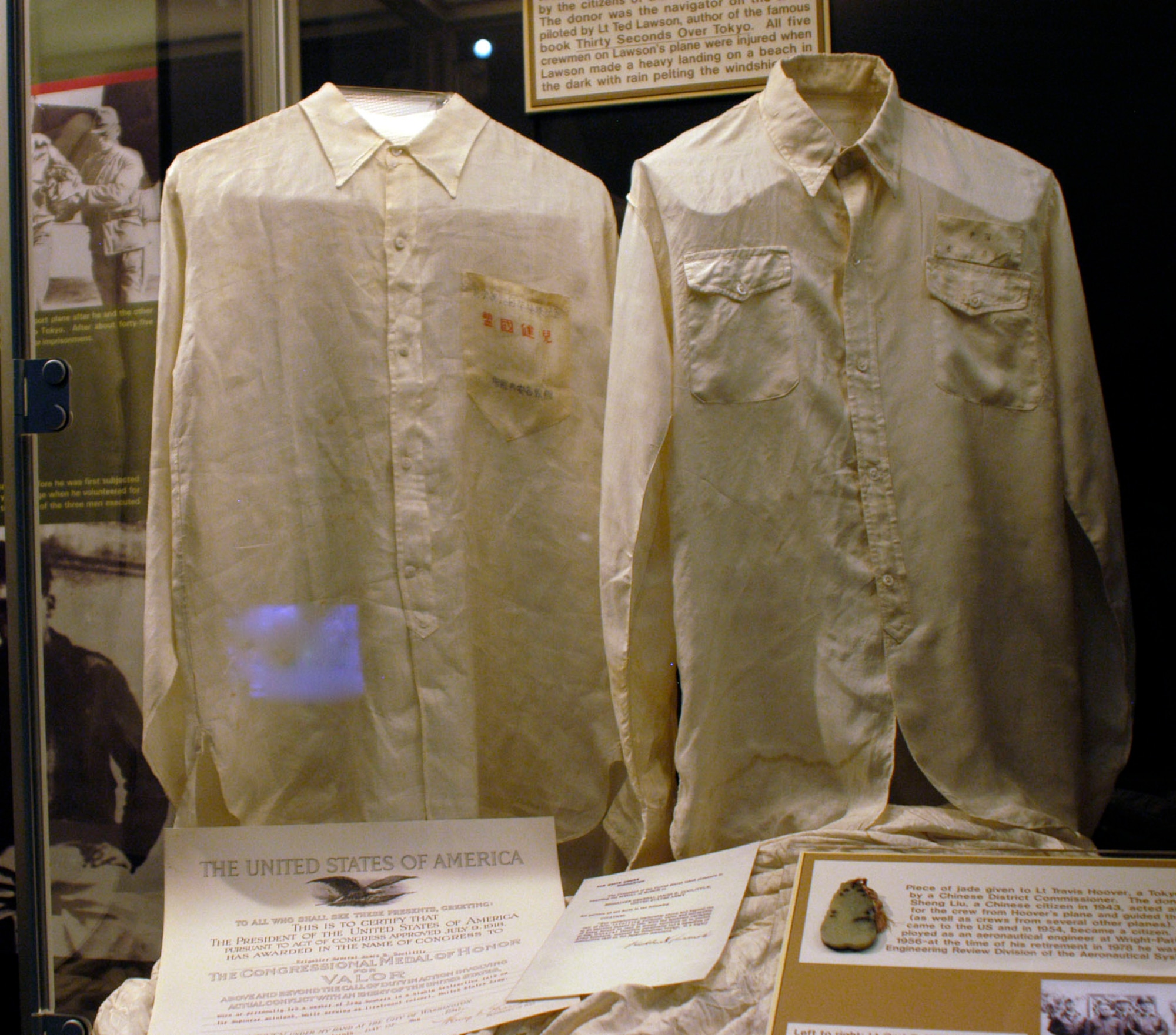 DAYTON, Ohio - (left) Hand-made shirt given to Lt. Charles L. McClure while hiding in China. (right) Silk shirt given to Lt. Charles A. Knobloch by Chinese when he entered friendly territory. (U.S. Air Force photo)    