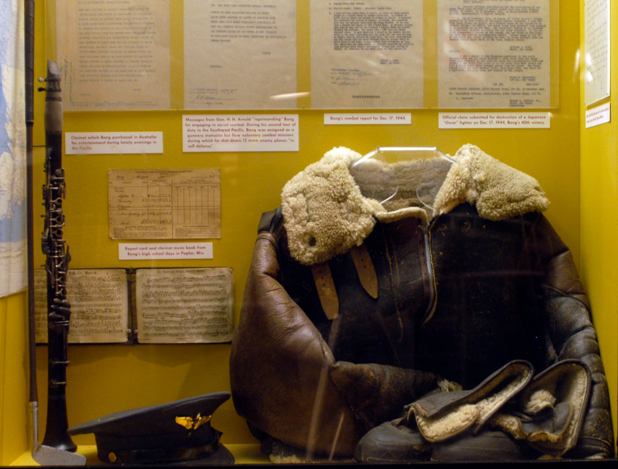 DAYTON, Ohio -- Maj. Richard Bong's flight jacket, boots and cap on display in the World War II Gallery at the National Museum of the U.S. Air Force. These items were donated by his father, Carl T. Bong of Poplar, Wis. (U.S. Air Force photo)