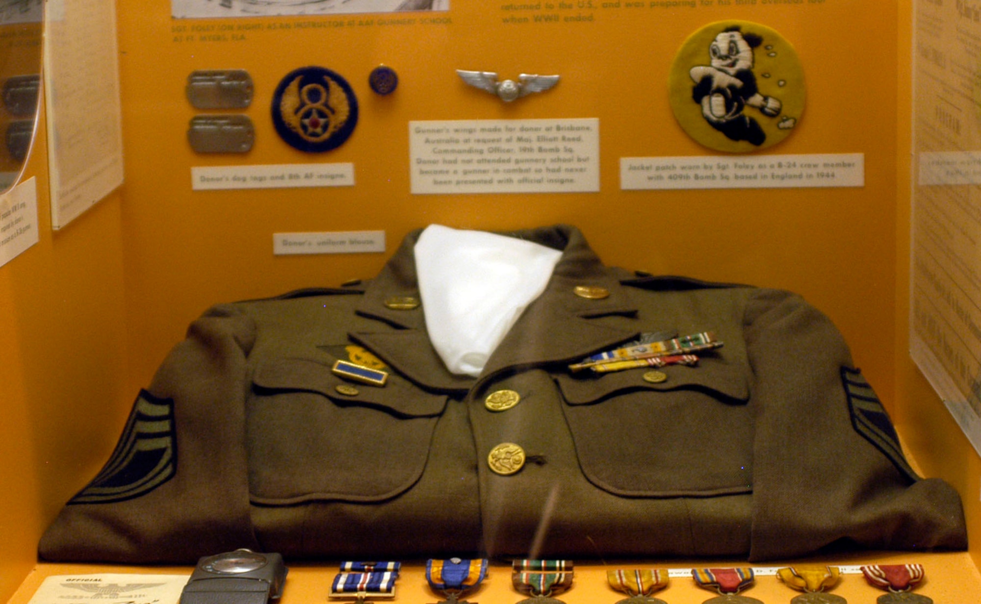 DAYTON, Ohio -- This uniform blouse donated by Sgt. John D. Foley, Banning, Calif., is on display in the World War II Gallery at the National Museum of the U.S. Air Force. (U.S. Air Force photo)