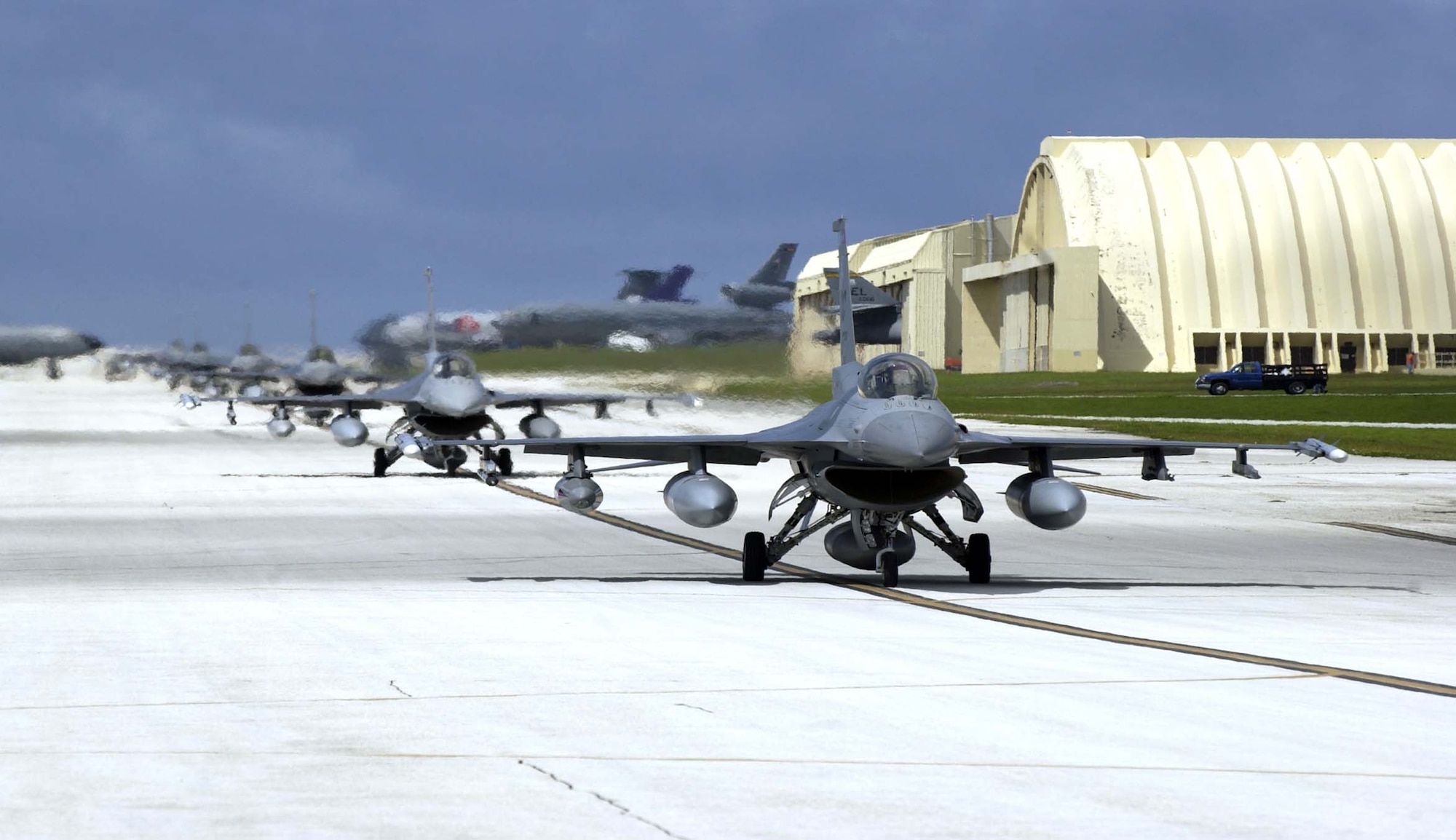 F-16s from Cannon Air Force Base, N.M., arrived at Andersen Air Force Base, Guam Wednesday, to begin their four-month rotation in in support of the deployment for the Theater Security Package to the Western Pacific.  (Photo by Senior Airman Miranda Moorer/36th CS)