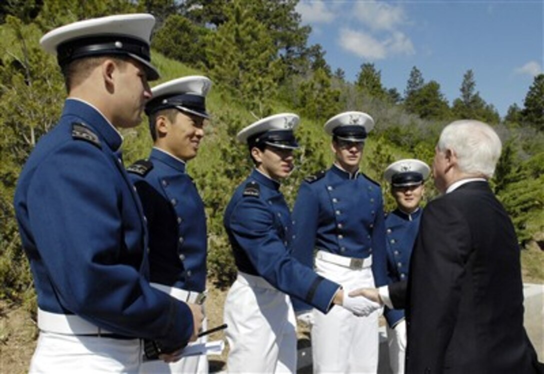 Secretary of Defense Robert M. Gates meets with U.S. Air Force Academy cadets prior to the start of the Academy's graduation ceremony at Colorado Springs, Colo., on May 30, 2007. Gates delivered the commencement address to the 976-member graduating class.  