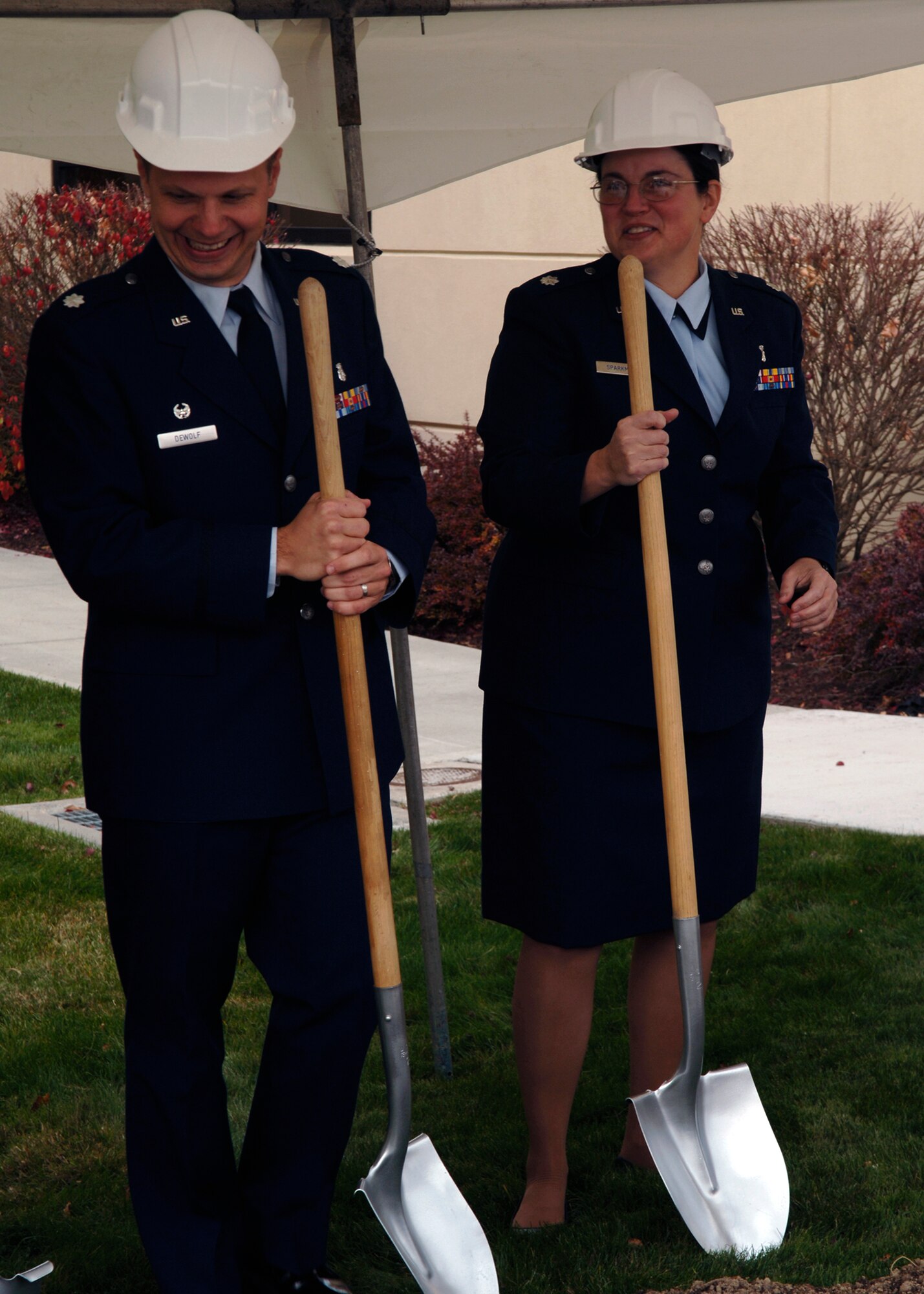 FAIRCHILD AIR FORCE BASE, Wash. -- Lt. Col. Gregory DeWolf, 92nd Medical Support Squadron commander, and Lt. Col. Theresa Sparkman, 92nd Medical Group medical staff chief, participate in the ground-breaking ceremony of the TESLA MRI Project at the Spokane Veterans Medical Center on Oct. 31. This is a joint venture between Fairchild and the Spokane VAMC. (U.S. Air force photo / Airman 1st Class Darlene West)