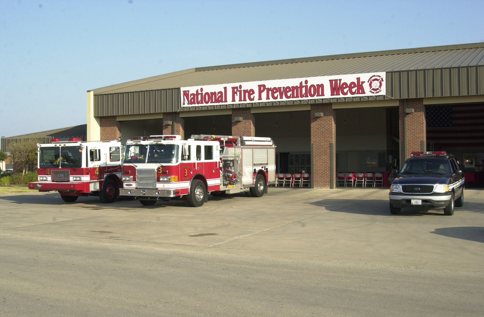 The Goodfellow Fire Department parked their fire trucks outside their station on Thursday in order to accommodate sitting and eating areas for guests attending the 2007 Retired Firefighters’ Luncheon. The luncheon was one of several events coordinated by the Goodfellow Fire Department in observance of this year’s Fire Prevention Week. (U.S. Air Force photo by Airman 1st Class Luis Loza Gutierrez)