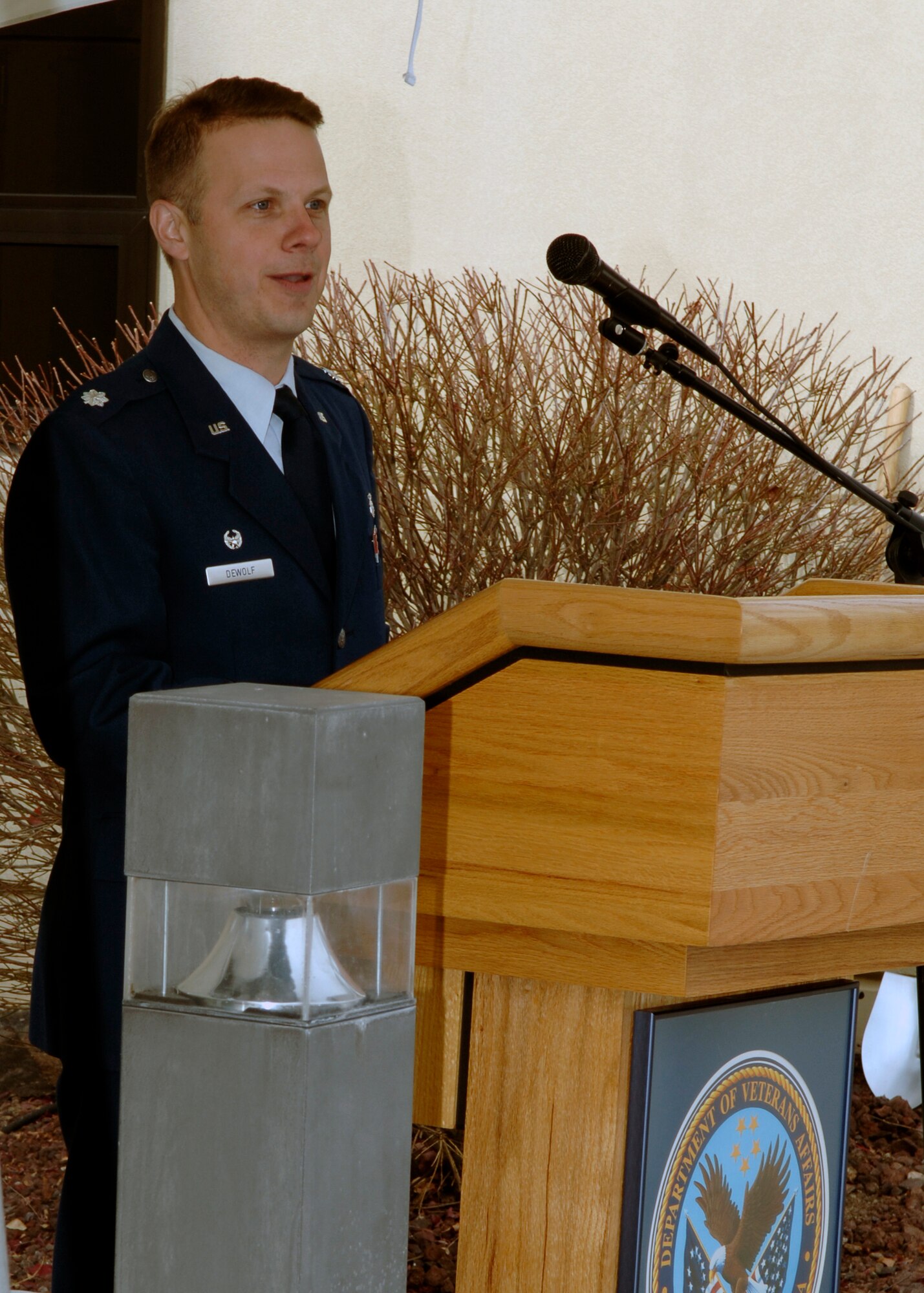 FAIRCHILD AIR FORCE BASE, Wash. -- Lt. Col. Gregory DeWolf, 92nd Medical Support Squadron commander, speaks at the ground-breaking ceremony of the TESLA MRI Project at the Spokane VA Medical Center on Oct. 31. This is a joint venture between Fairchild and the Spokane VAMC. (U.S. Air force photo / Airman 1st Class Darlene West)