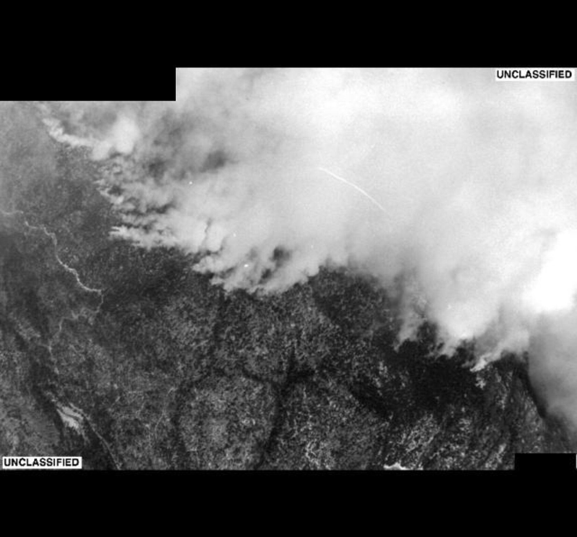 This is an image taken by a U.S. Air Force U-2 from the 9th Reconnaissance Wing at Beale AFB in support of the Southern California firefighting effort. The film from the camera is processed and analyzed by 480th Intelligence Wing imagery analysts at Beale Air Force Base. This image shows an overview of the Grass Valley fire line Oct. 24. (U.S. Air Force photo)