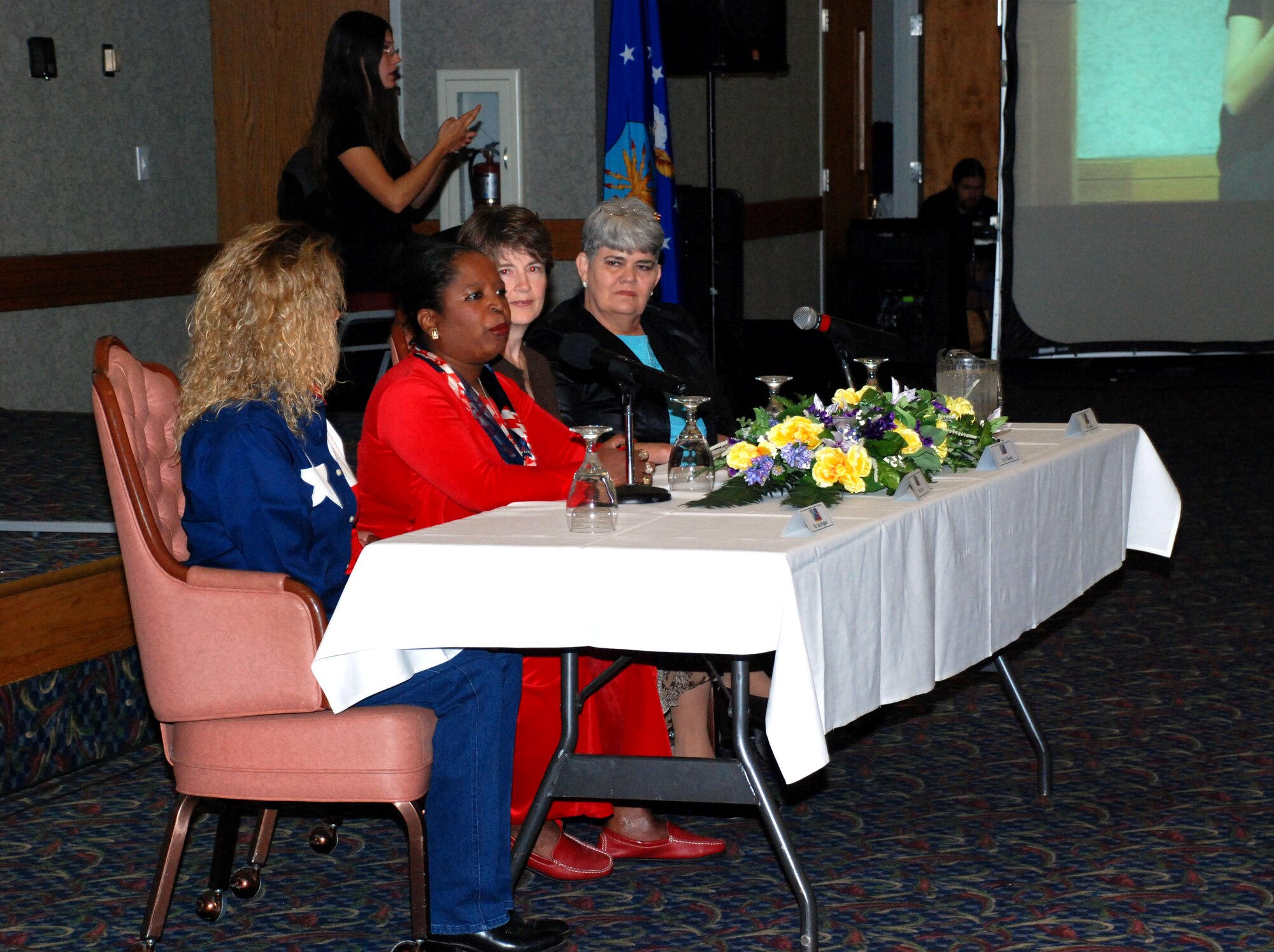 Lisa San Miguel, Beacon Lighthouse for the Blind, Pearlene Carr, a procurement technician with the 82nd Contracting Squadron, Judy Whaylen, a second grade teacher at Sheppard Elementary School and Doris Lackey, the chief of plans and programs at the 82nd Contracting Squadron, sit as guest speakers at the inaugural National Disability Employment Awareness Breakfast Oct. 29. (U.S. Air Force photo/Airman 1st Class Jacob Corbin)