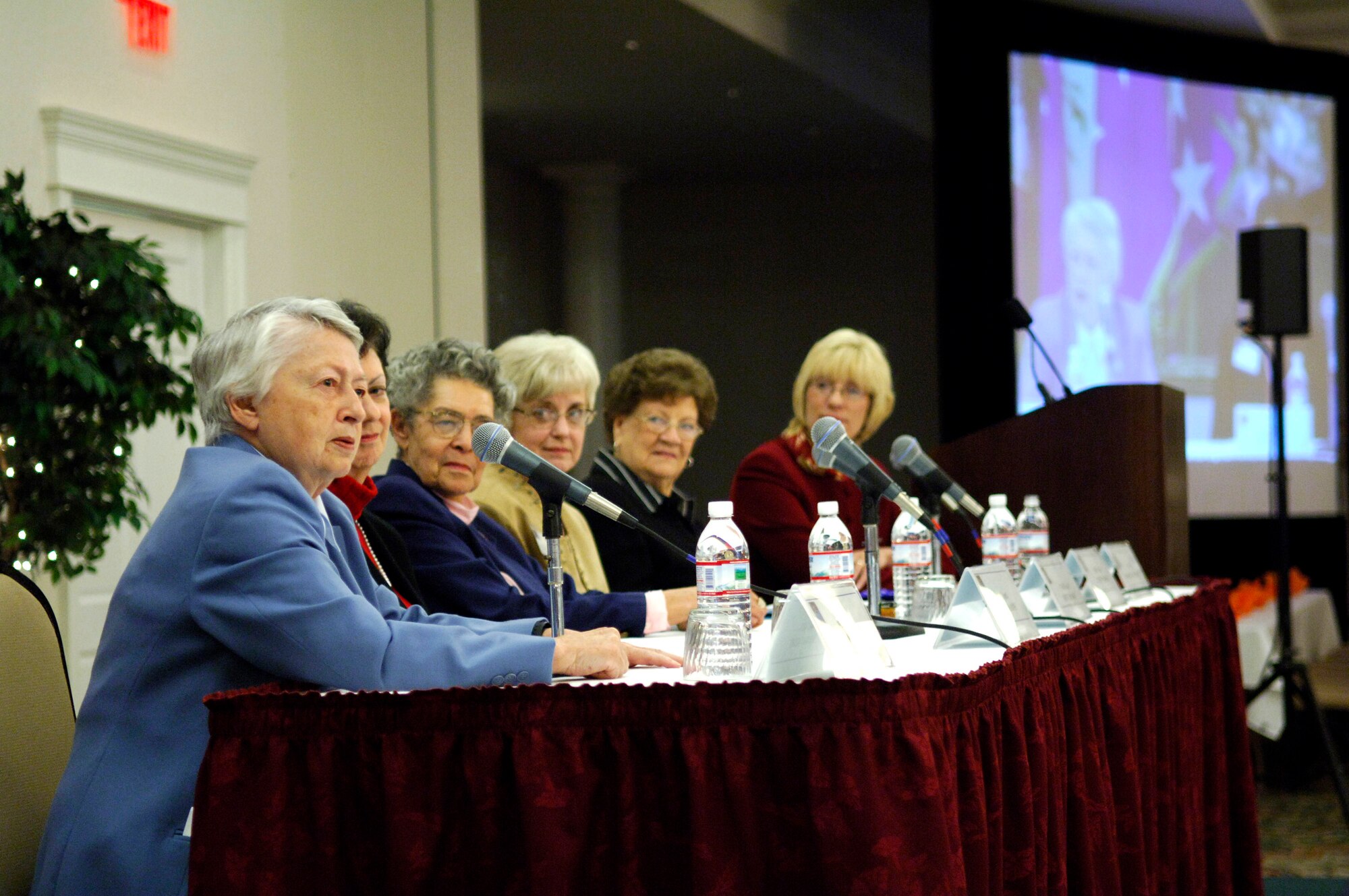 Brig. Gen. Wilma Vaught, Col. Regina Aune, Chief Master Sgt. Dottie Holmes, Senior Master Sgt. Terri Picarro and Mrs. Margaret Ringenberg answer questions relating to Air Force women from the 1940s to the 1960s during the 2007 Air Force Heritage to Horizon Women's Training Symposium Oct. 31.  (U.S. Air Force photo/Staff Sgt. Suzanne M. Day)