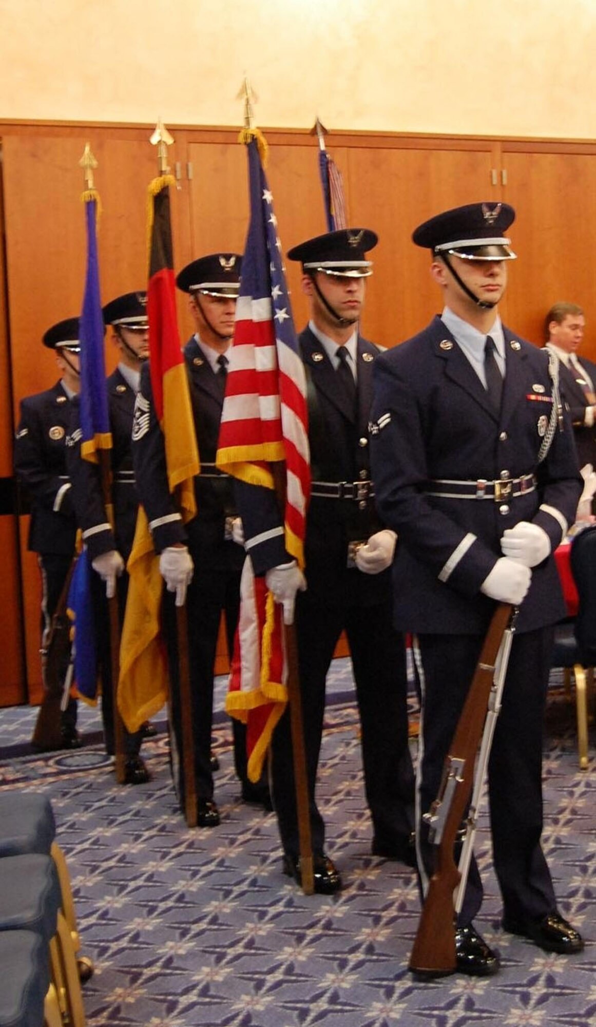 Chief Master Sgt. Vance Clarke, 52nd Fighter Wing command chief, stands in line with members of the Spangdahlem Honor Guard team Oct. 30. Chief Clarke spent the day training with members of the honor guard team to reinforce the importance the duty and encourage supervisors allow their Airmen the ability to participate on the honor guard. (Courtesy photo) 