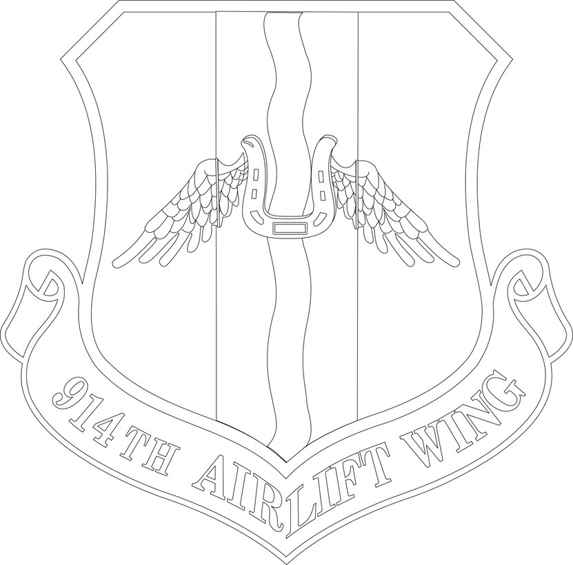 914th Airlift Wing Shield (Black & White). Image is 7x7 inches @ 300ppi. Image provided by the Air Force Historical Research Agency. Department of Defense and Military Seals are protected by law from unauthorized use. These seals may NOT be used for non-official purposes. For additional information contact the appropriate proponent