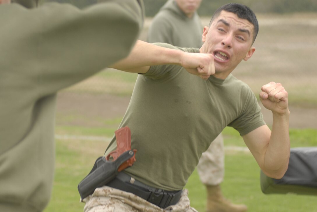 Lance Cpl. Jorge Pinon, administrative clerk, H&S Bn., defends himself after being sprayed from attacks by simulated suspects.