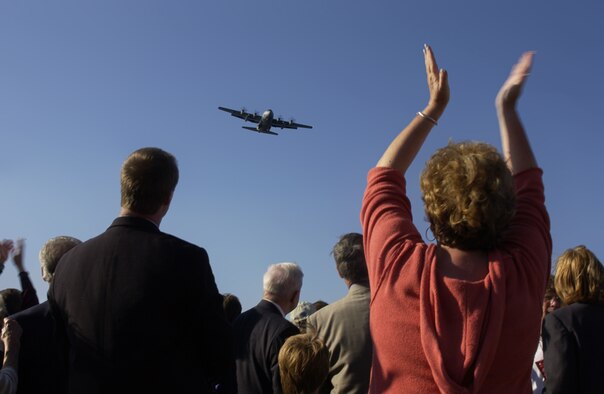 A WC-130J, flown by the Hurricane Hunters of the 53rd Weather Reconnaissance Squadron, flies over the Biloxi-Ocean Springs Bridge as members of the community celebrate the reopening of structure which was damaged by Hurricane Katrina more than two years ago. The bridge which linked Jackson and Harrison counties on the Mississippi Gulf Coast was traveled by more than 30,000 commuters each day prior to the storm. Two lanes were opened Nov.1 with the rest of the span to be completed by April 2008. 