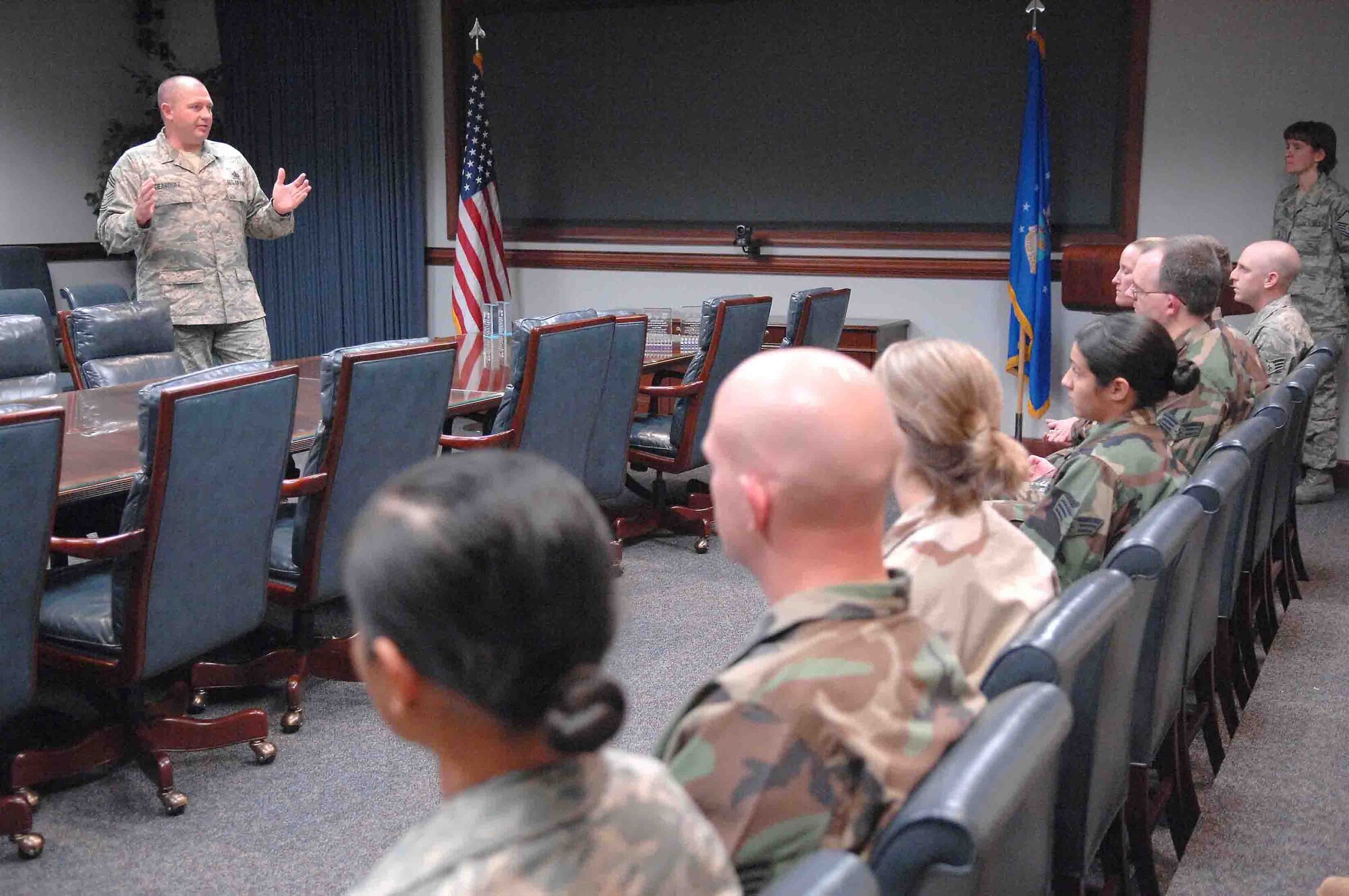 SHAW AIR FORCE BASE, S.C. -- Chief Master Sgt. Scott Dearduff, 20th Fighter Wing command chief, talks about the accomplishments and importance of the volunteers during Shaw's first ever Airman Against Drunk Driving awards ceremony Nov. 2 in the 20th FW conference room. The top 14 Airman who volunteered the most time to the program received a plaque for their volunteerism and unselfishness. (U.S. Air Force photo/Staff Sgt. Josef Cole)