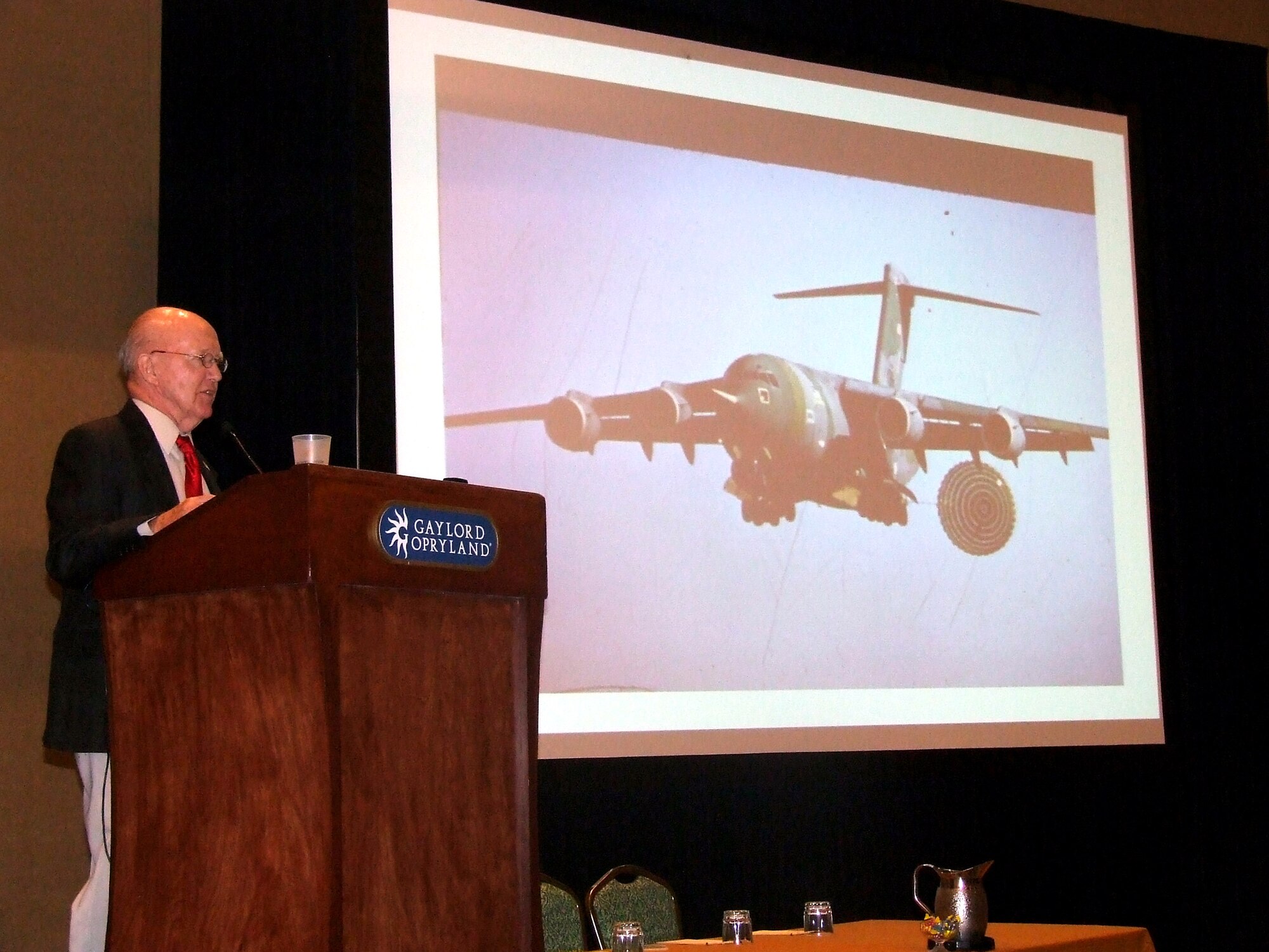 Retired Chief Master Sgt. Bill Cannon presents "60-plus Years of Airlift and Tanker Legacies" during the 2007 Airlift/Tanker Association Convention Oct. 27  in Nashville, Tenn.  Chief Cannon is a past president of ATA and has more than 43 years experience as a loadmaster on the C-54 Skymaster, C-124 Globemaster II and C-130 Hercules. (U.S. Air Force Photo/Tech. Sgt. Scott T. Sturkol)