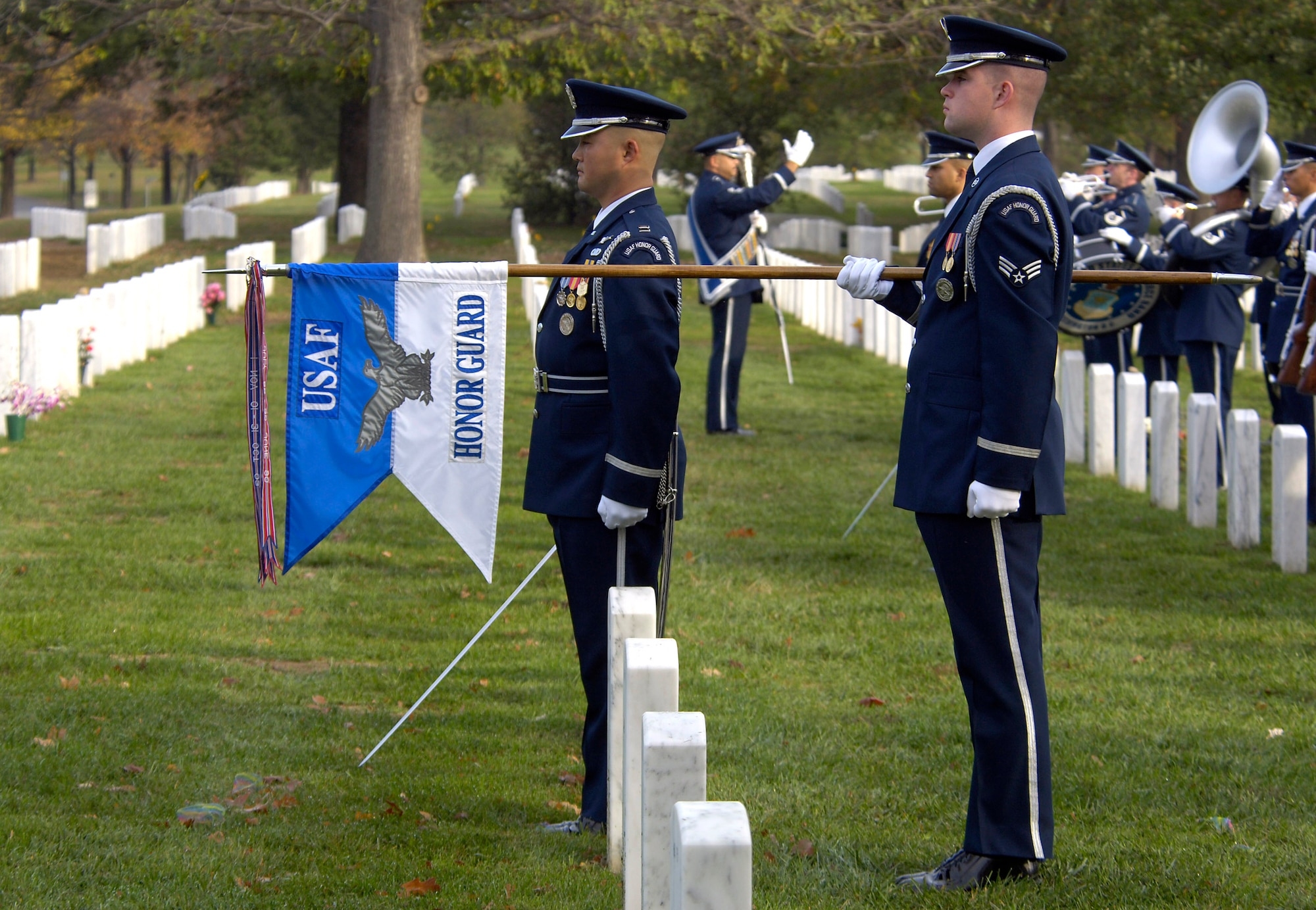 Members of the Air Force Honor Guard conduct a military honors funeral ceremony Nov. 1. for retired Lt. Gen. Marvin McNickle at Arlington National Cemetery, Washington, D.C. (U.S. Air Force photo/Master Sgt. Jim Varhegyi)