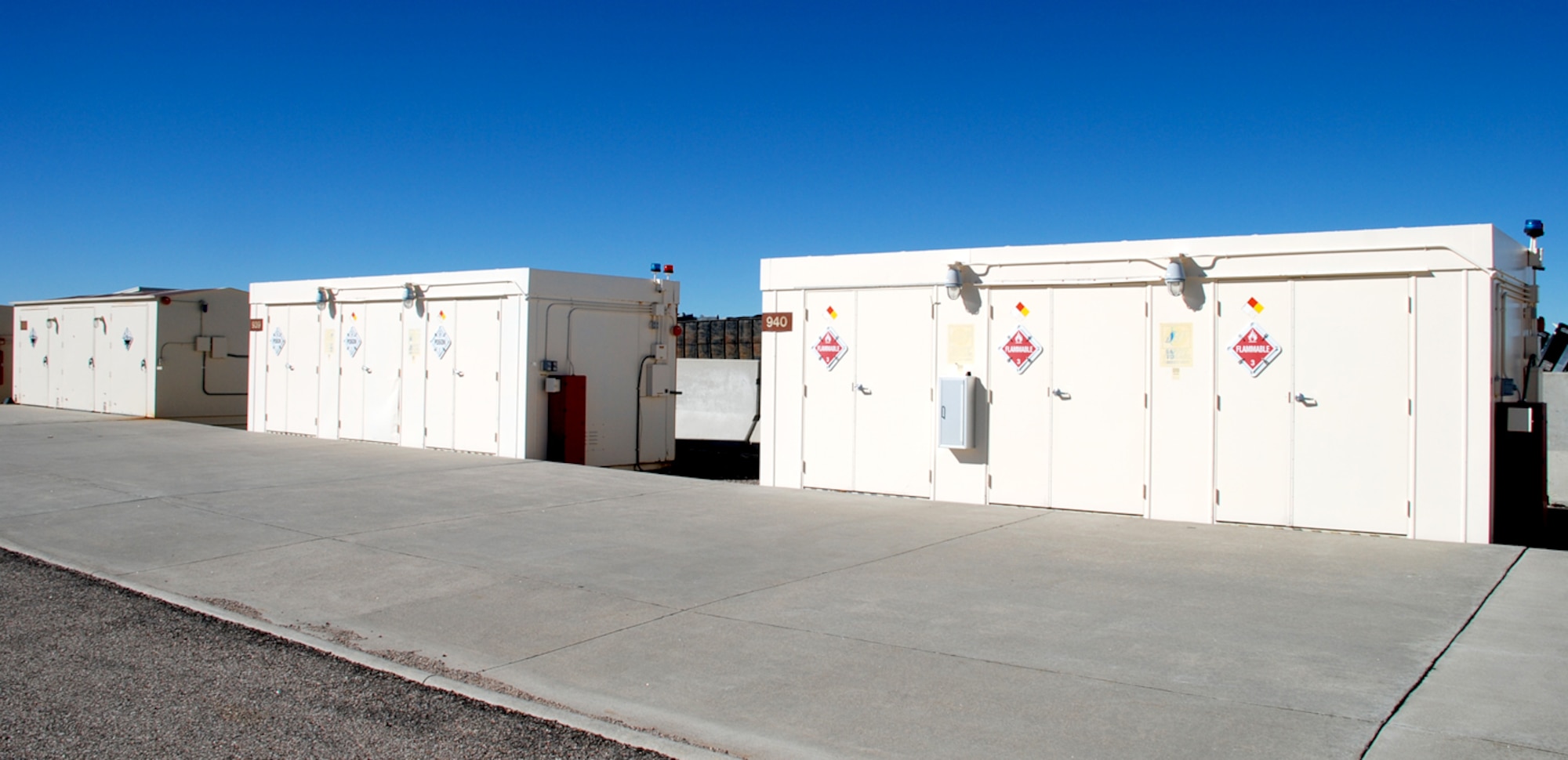 The hazardous waste facility, located at Bldg. 944, houses hazardous materials in storage units until being picked up for disposal (Photo by Airman 1st Class Daryl Knee).