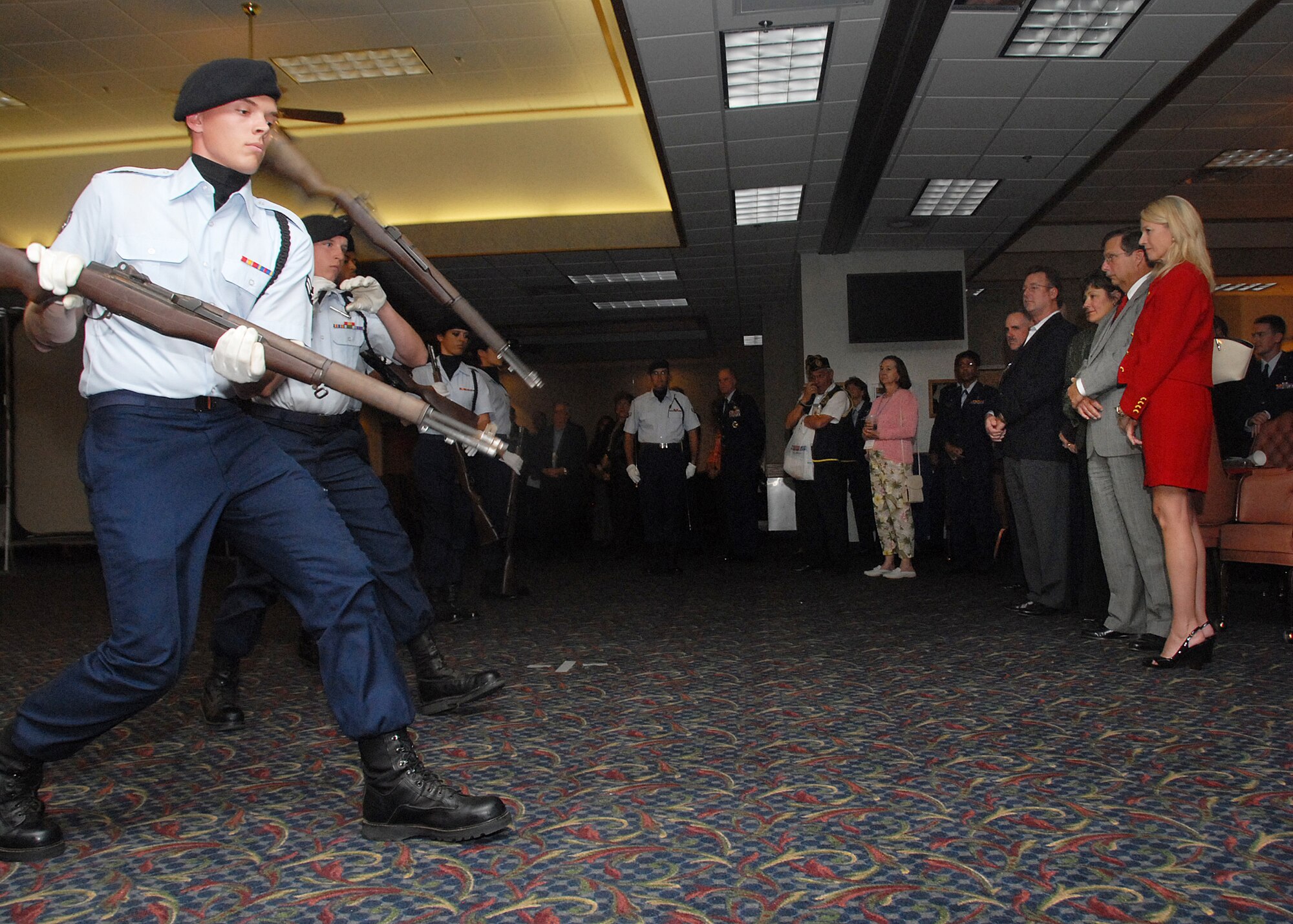 Sheppard's Special Activities Team Precision Rifle Drill Team performs for commanders and guests at the Sheppard Club Nov. 1 during a Commander's Reception. Brig. Gen. Richard Devereaux, 82nd Training Wing commander, hosted the event to provide an opportunity for new commanders and community leaders could get acquainted. (U.S. Air Force photo/Mike Litteken)