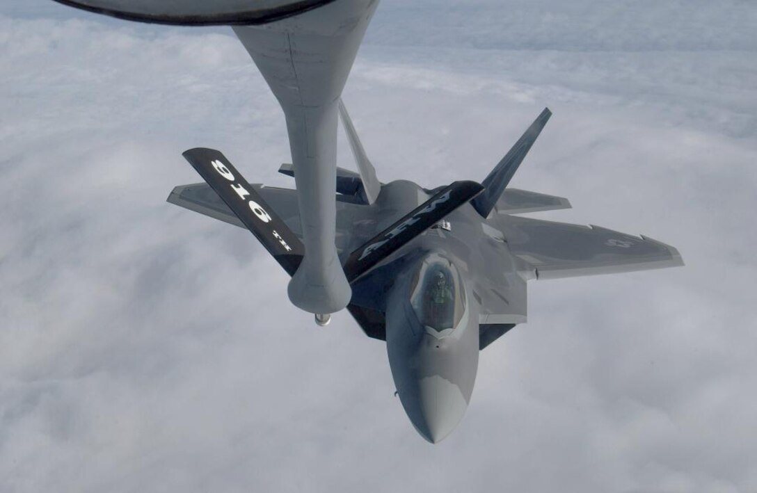SEYMOUR JOHNSON AIR FORCE BASE, N.C.--The 916th Air Refueling Wing, Air Force Reserve, passes gas to an F-22 Raptor earlier this year. The raptor is the newest fighter in the Air Force's arsenal. The Reserve wing, located in eastern North Carolina, conducts air-to-air refueling missions in support of global missions and training.