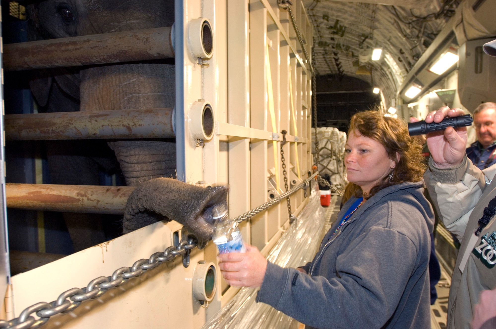 OVER THE GULF OF ALASKA -- Margaret Whittaker, an animal behavior consultant and trainer, gives Maggie water while traveling aboard a C-17 Globemaster III. Maggie is an 8,000-pound African elephant, from the Alaska Zoo and is now living at the Performing Animal Welfare Society ARK2000 Wildliek Sanctuary in California. (U.S. Air Force Photo by Tech. Sgt. Keith Brown)