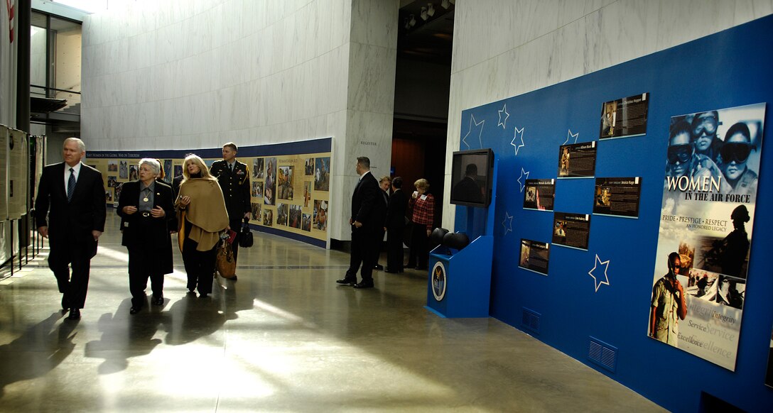 Retired U.S. Air Force Brig. Gen. Wilma Vaught, president of Women in Military Service for America Memorial Foundation, gives Defense Secretary Robert M. Gates a tour of the Women's Memorial at Arlington National Cemetery, Nov. 3, 2007.  Gates was the keynote speaker at the 10th Anniversary Ceremony of the Women's Memorial Dedication.