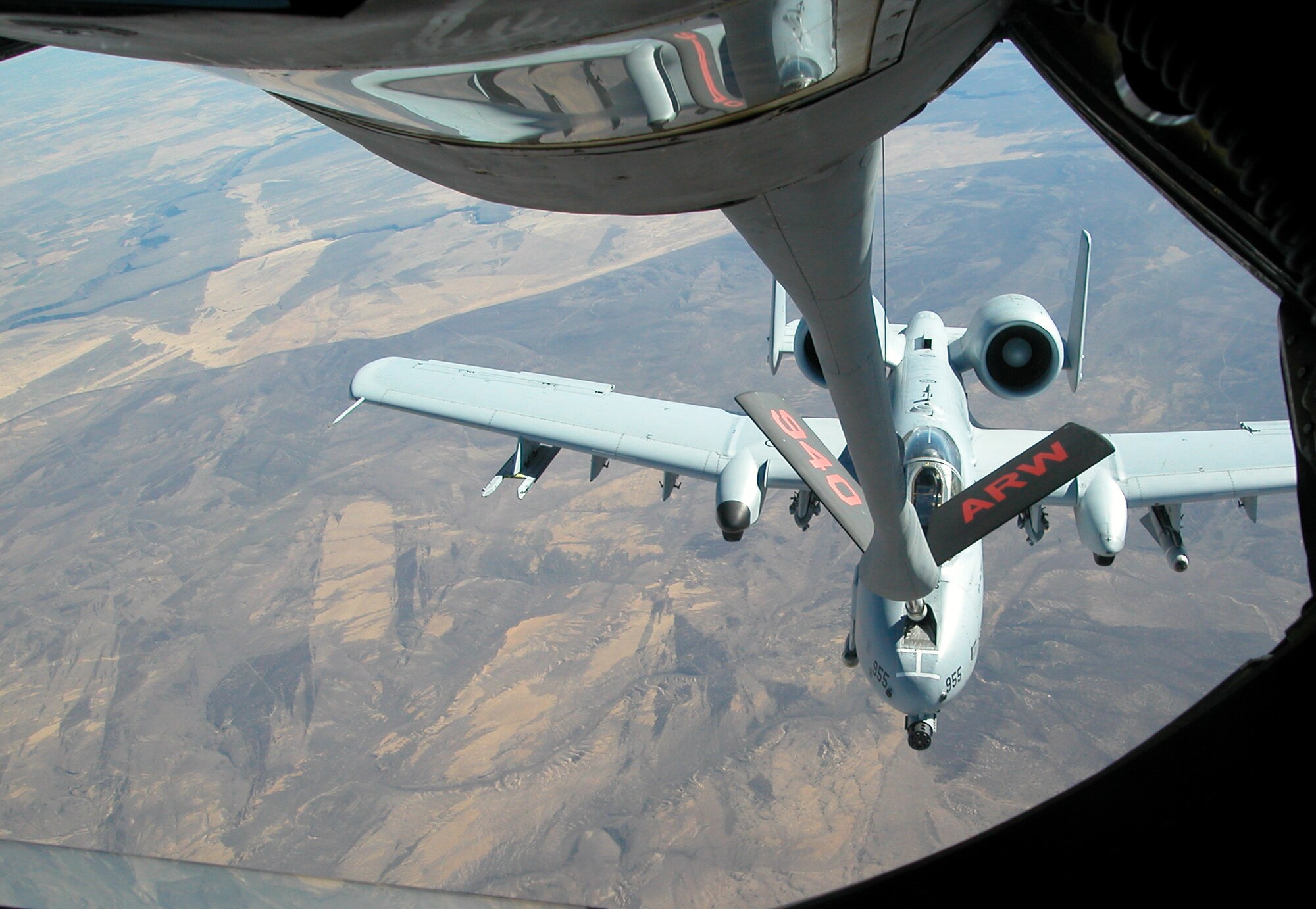 BEALE AIR FORCE BASE, Calif. ? An A-10 Warthog from the Idaho Air National Guard?s 124th Wing receives fuel from a KC-135 assigned to the 940th Air Refueling Wing during an aerial refueling mission over Idaho. The mission was part of the 940th ARW?s bosses? flight, which employers got a first hand look at the mission of the 940th ARW. The bosses? flight is a way of showing appreciation for the support employers provide to 940th ARW reservists. (U.S. Air Force Photo/ Staff Sgt. Luke Johnson)       