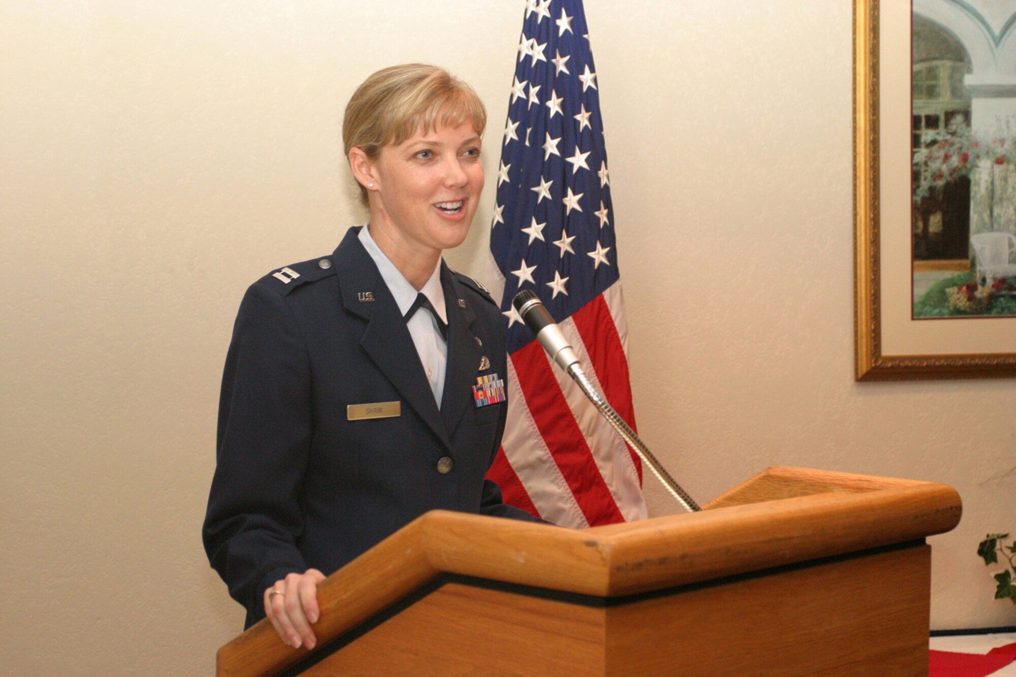 Addressing distinguished guests, family, friends and Airmen of the 482nd Fighter Wing, Capt. Christy Shaw speaks during her assumption of command ceremony Nov. 3. Capt. Shaw, who began her Air Force career in the enlisted force, thanked her family for their support, 482nd Fighter Wing Commander Col. Randy Falcon for the opportunity to command, and promised Airmen assigned to the squadron that she would make duty at Homestead worth the sacrifice.
(Air Force photo/Tech. Sgt. Paul Dean)
