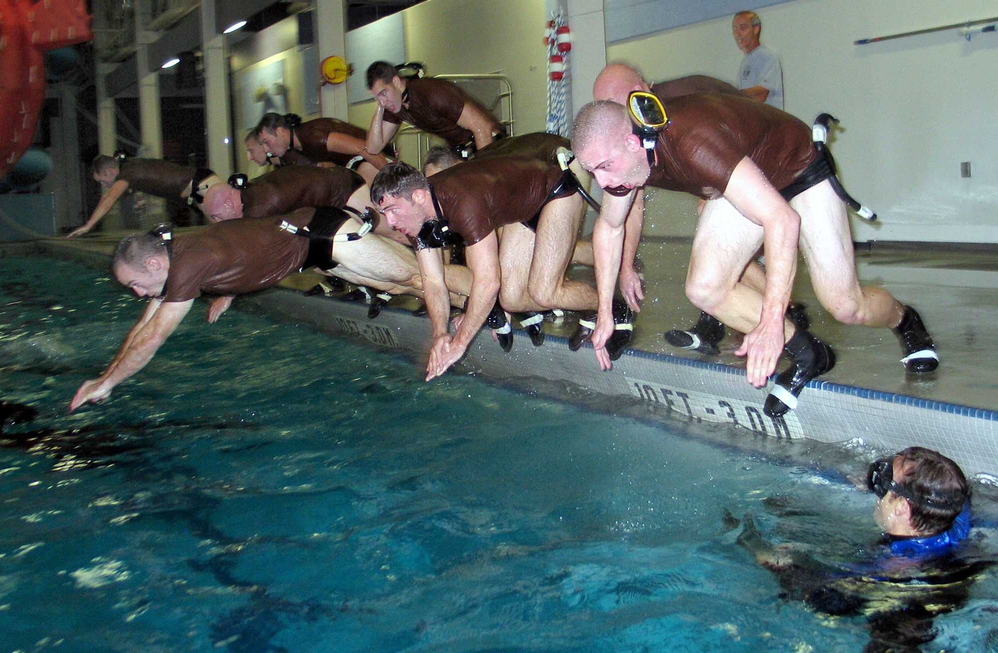 Combat rescue officer selection program candidates perform pool exercises Oct. 24 at Fairchild Air Force Base, Wash., during the water confidence portion of the program. The most recent class started with 19 candidates, and ended with eight ready for the field as combat rescue officers. (U.S. Air Force photo/Staff Sgt. Connie L. Bias)