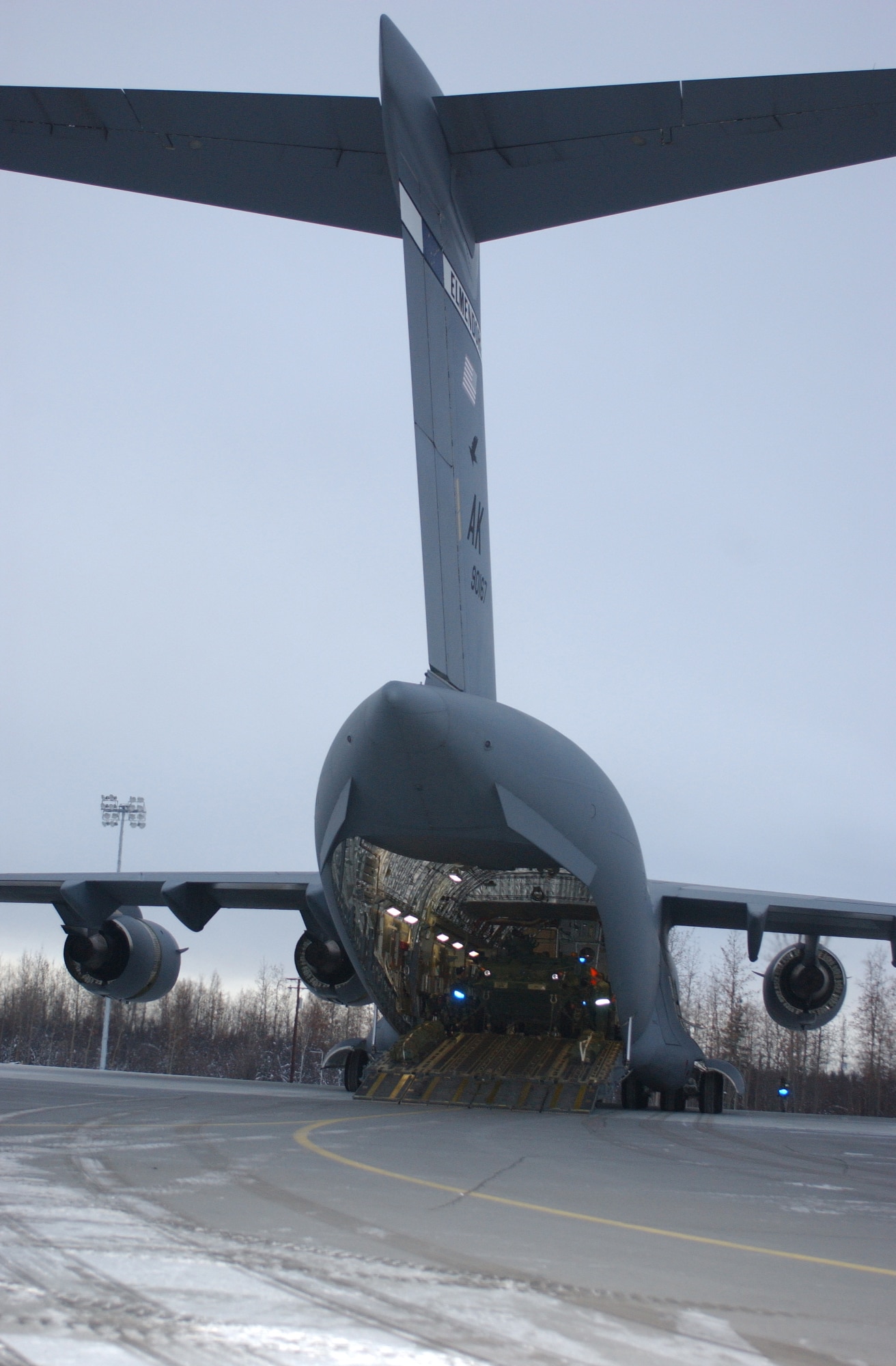 ELMENDORF AIR FORCE BASE, Alaska-- Two Strykers are loaded into a C-17 aircraft during a deployment exercise with Soldiers from 1st Battalion, 24th Infantry Regiment, 1st Stryker Brigade Combat Team, 25th Infantry Division, at Eielson Air Force Base Oct. 30. (U.S. Army photo by Spc. Vincent Fusco) (Released)
