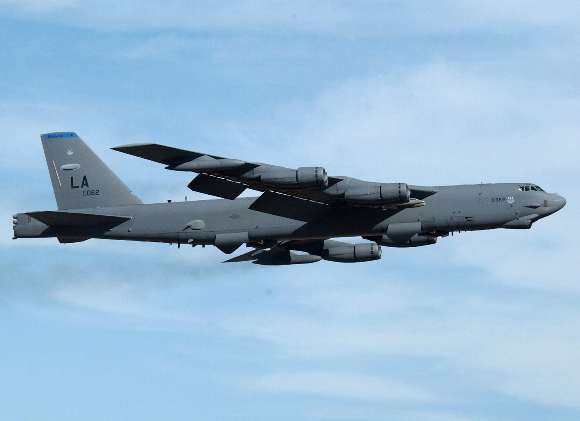 An Air Force B-52 Stratofortress from Barksdale AFB, La., was used for a demonstration of the LITENING pod Oct. 17 at Tyndall Air Force Base.  The demonstration showed the LITENING pod's capability to capture digital imagery and upload it to communications networks.  U.S. Air Force photo.