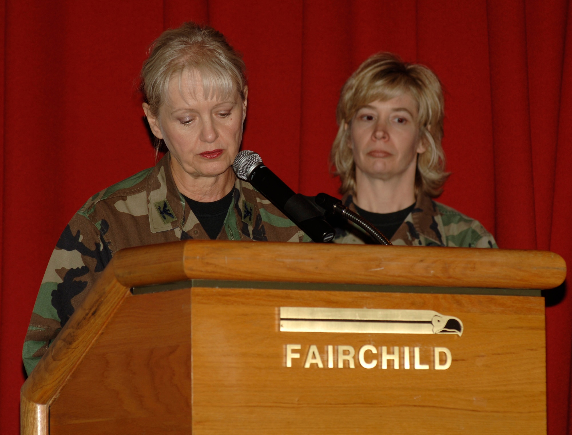 FAIRCHILD AIR FORCE BASE, Wash. -- Col. Karen Nagafuchi, 604th Medical Squadron commander, gives a few words during the inactivation ceremony for the 604th held Nov. 3 at Club Fairchild here. On hand for the ceremony were the 92nd Air Refueling Wing commander and vice commander, the 92nd Medical Group commander, as well as former commanders of the 604th. (U.S. Air Force photo/Senior Airman Chad Watkins)
